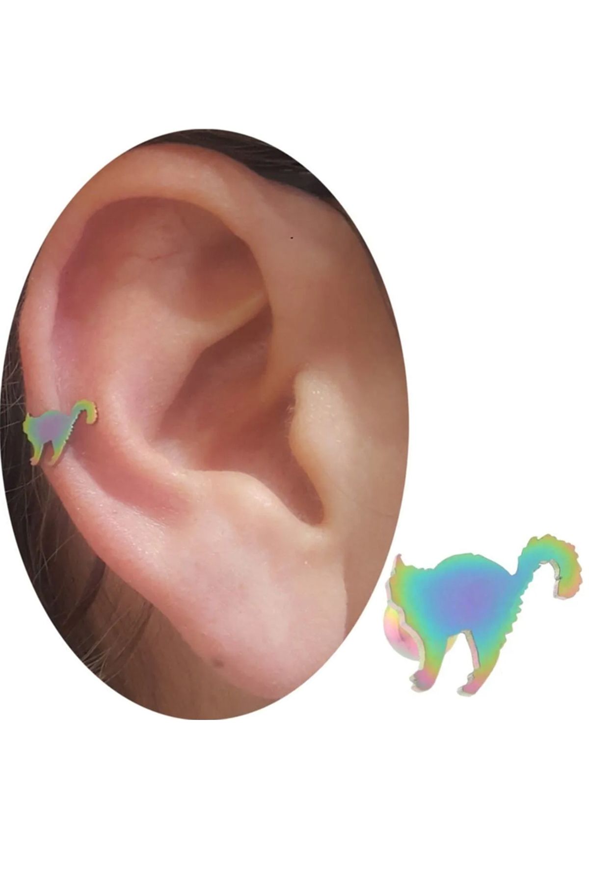 Cadının Dükkanı Çelik Kedi Gökkuşağı Tragus Helix Kıkırdak Piercing