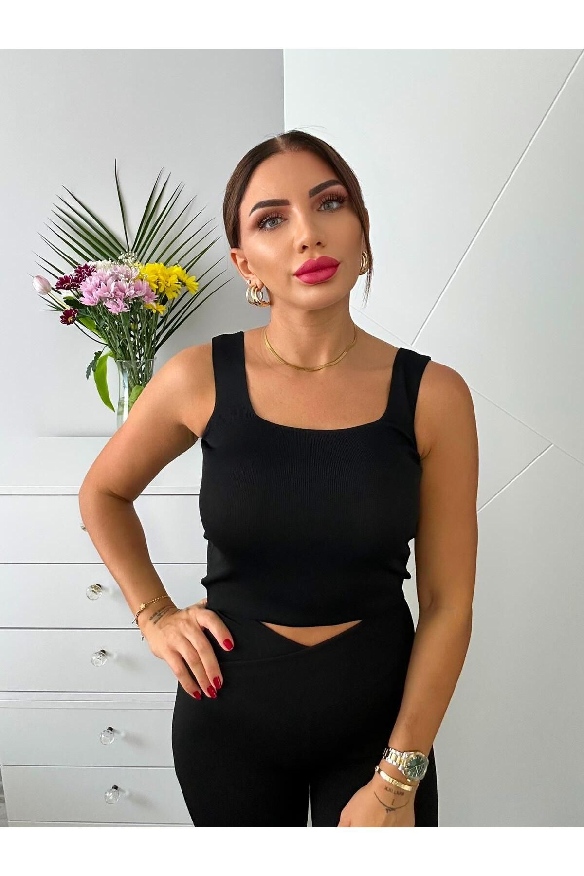 sterktekstil Kadın Kalın Askılı Düz Renk Crop T-Shirt