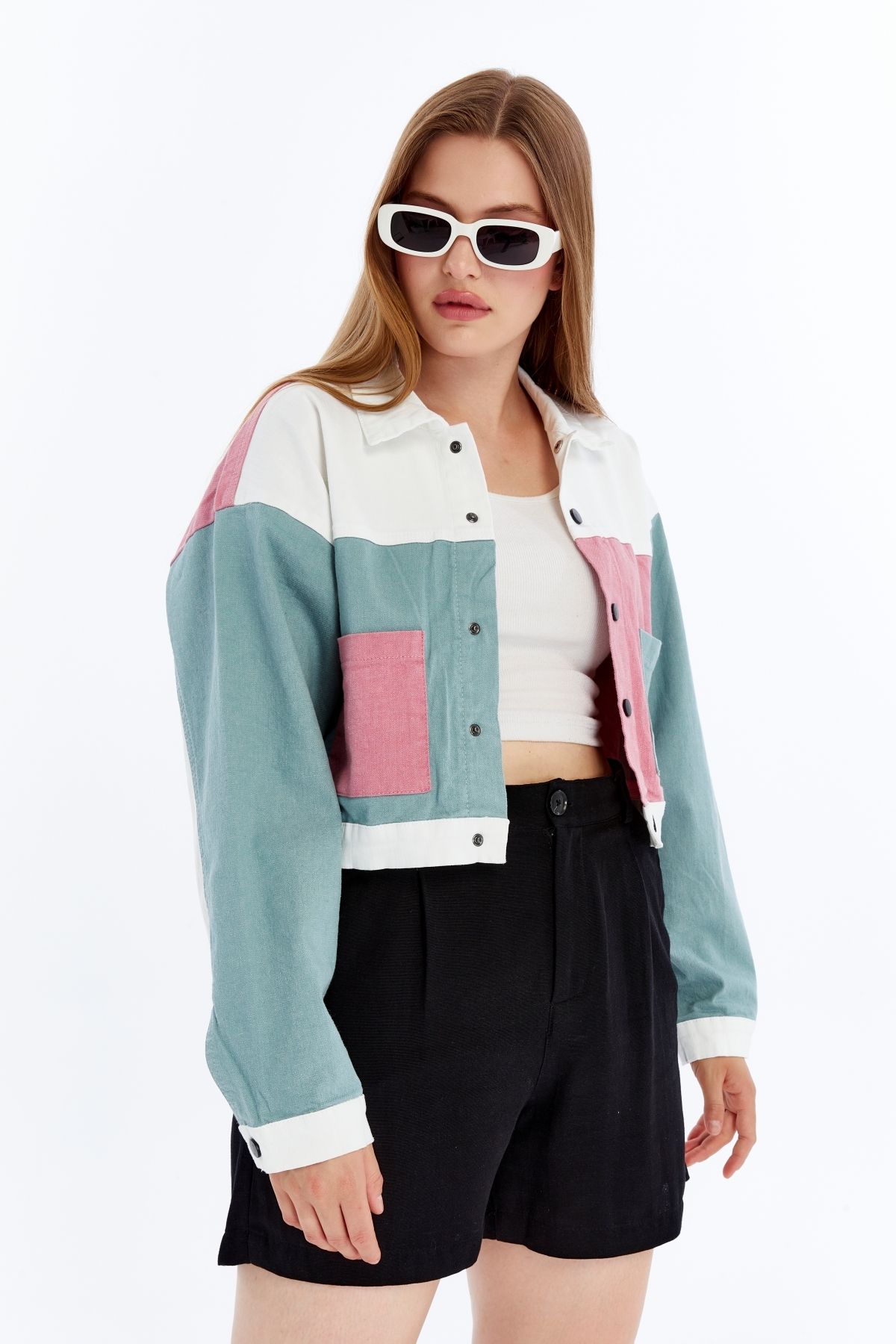 CHOS7N-Women's Bomber Gabardine Jacket Snap Button College Denim Jacket with Pockets Colorful Easy to Match Jacket 6