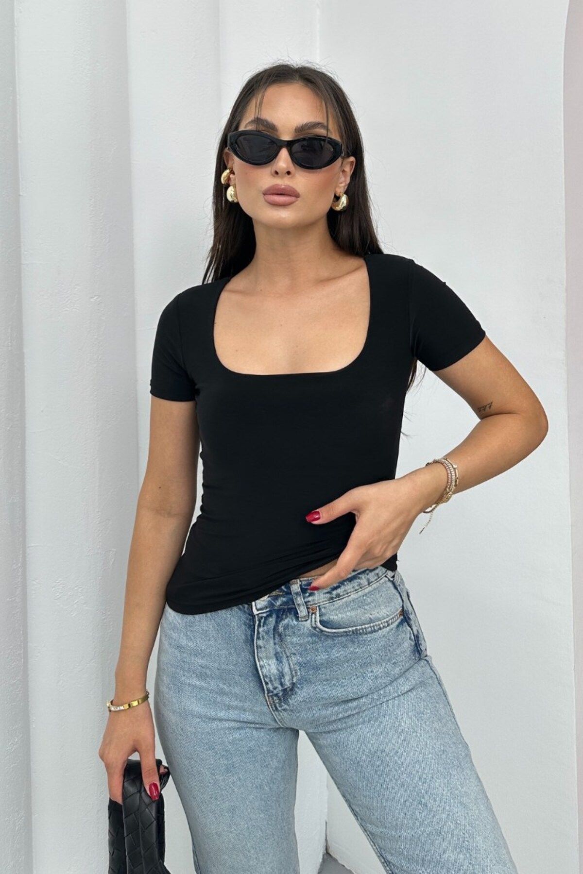 spirituel Kadın Kısa Kollu T-Shirt Kare Yaka Çift Kat Sandy Kumaş Crop T-Shirt