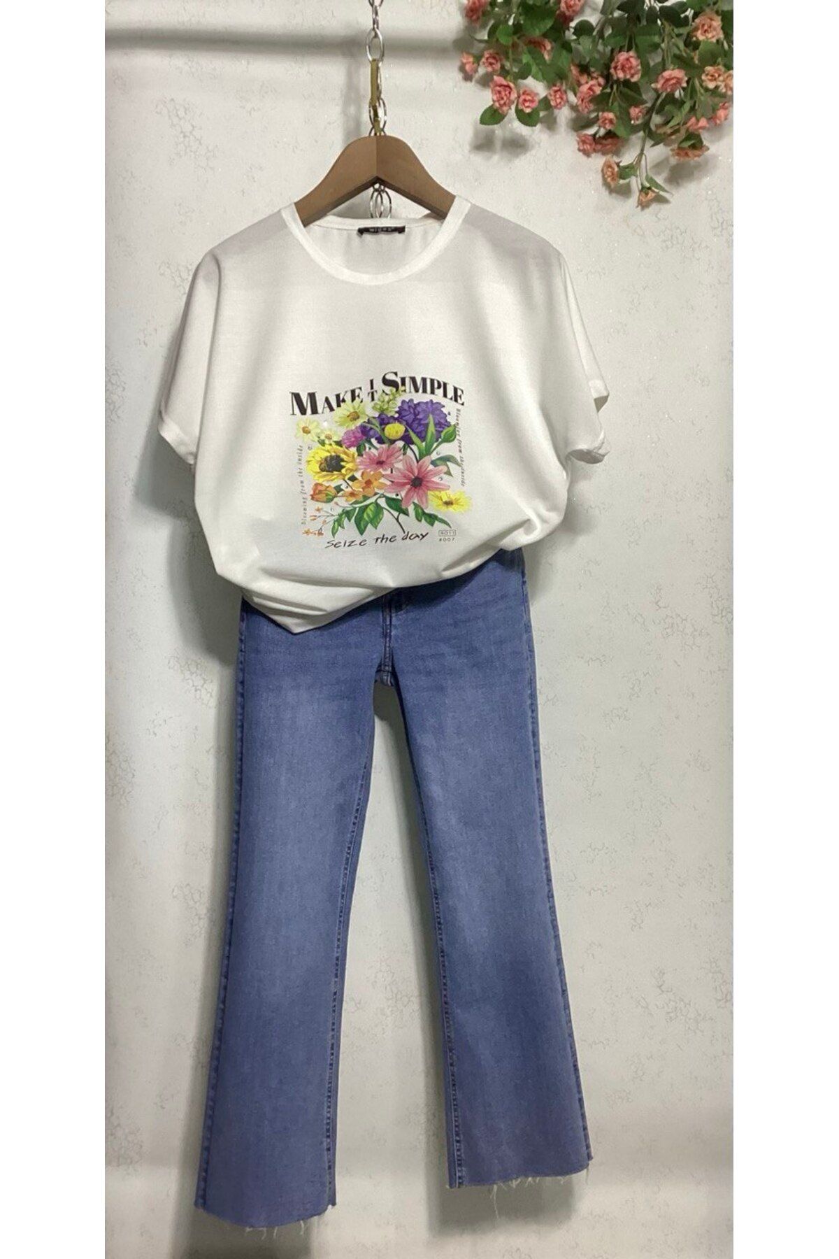Wiges Kadın Geniş Bisiklet Yaka Yarasa Kol Baskılı Özel Tasarım T-shirt