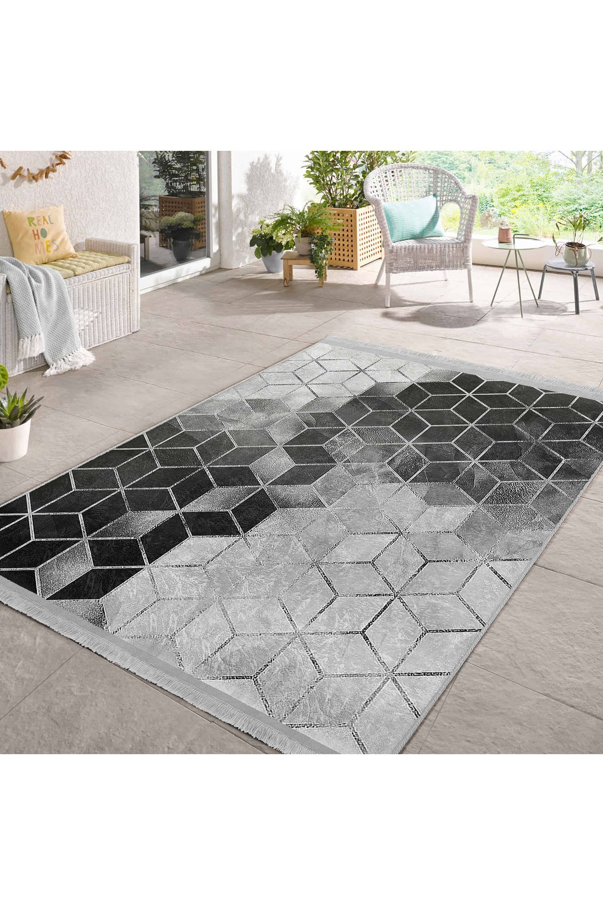 Realhomes Modern Geometrik Desenli Yıkanabilir Dikdörtgen Mutfak Halısı - Kaymaz Taban