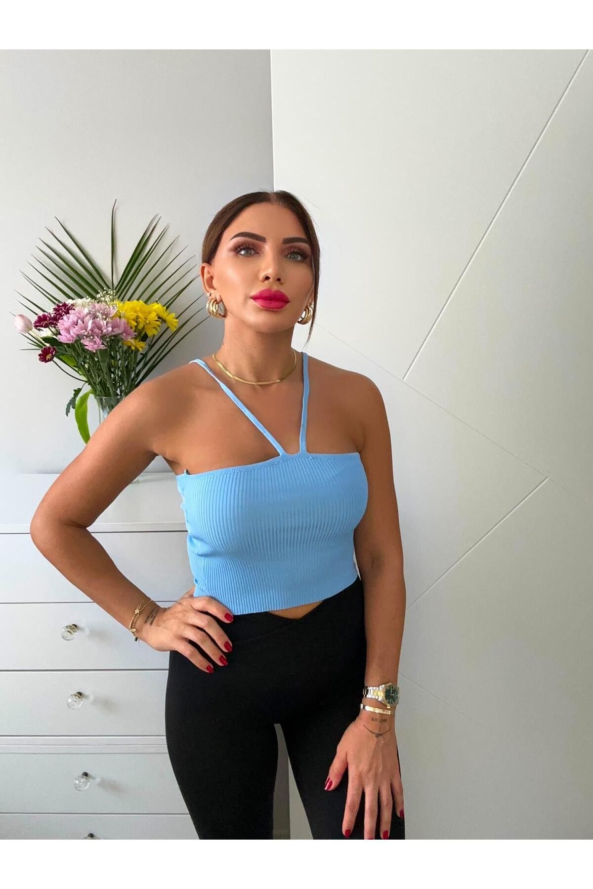sterktekstil Kadın İp Askılı Düz Renk Crop T-Shirt