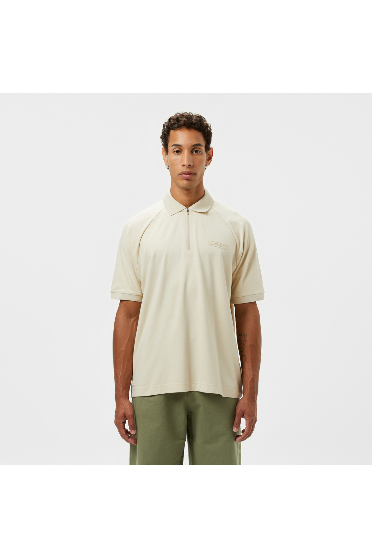 Erkek Oversize Fit Yarım Fermuarlı Bej Polo