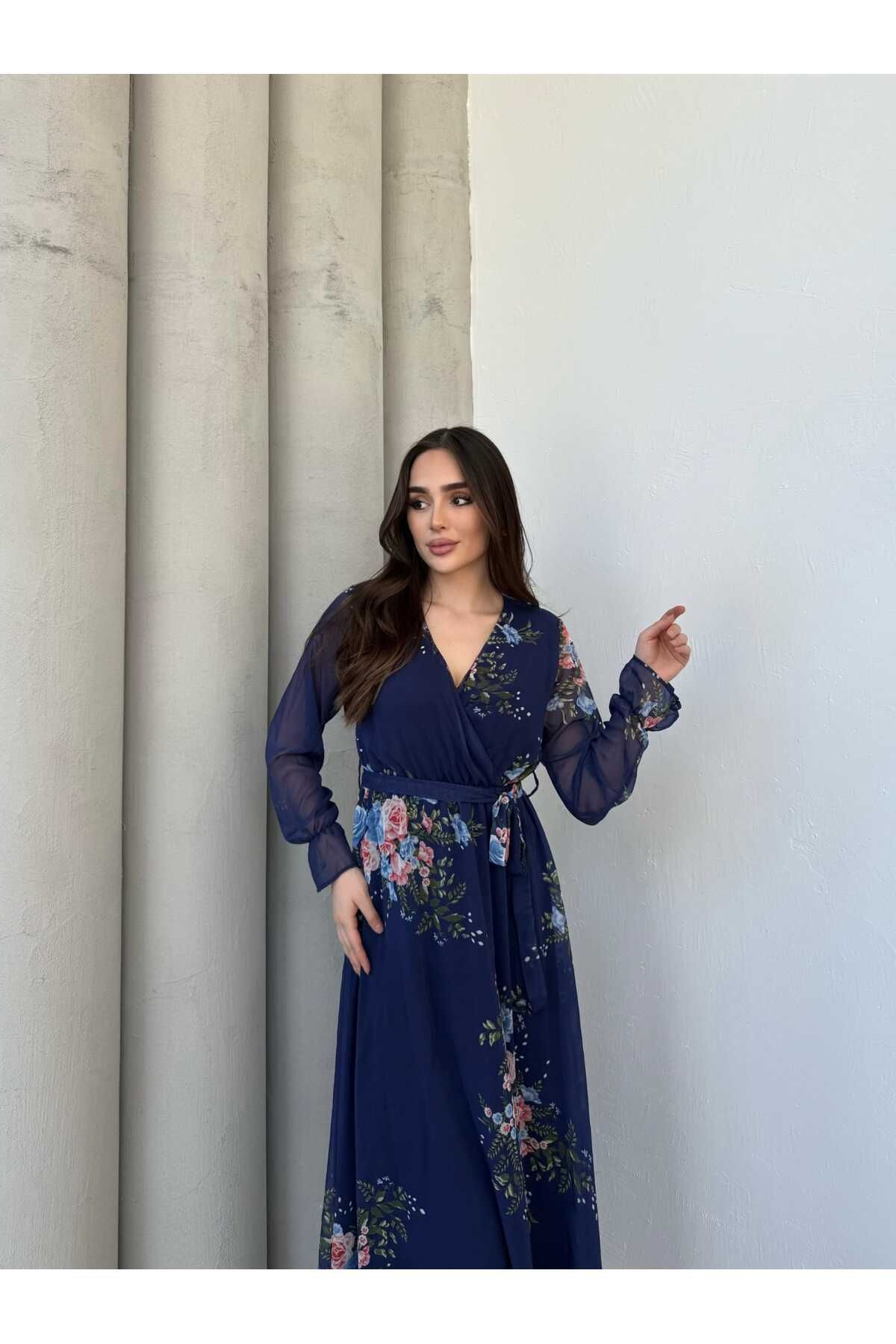 MitraMina Çiçek Desen Kuşaklı Kruvaze Yaka Astarlı Şifon Elbise