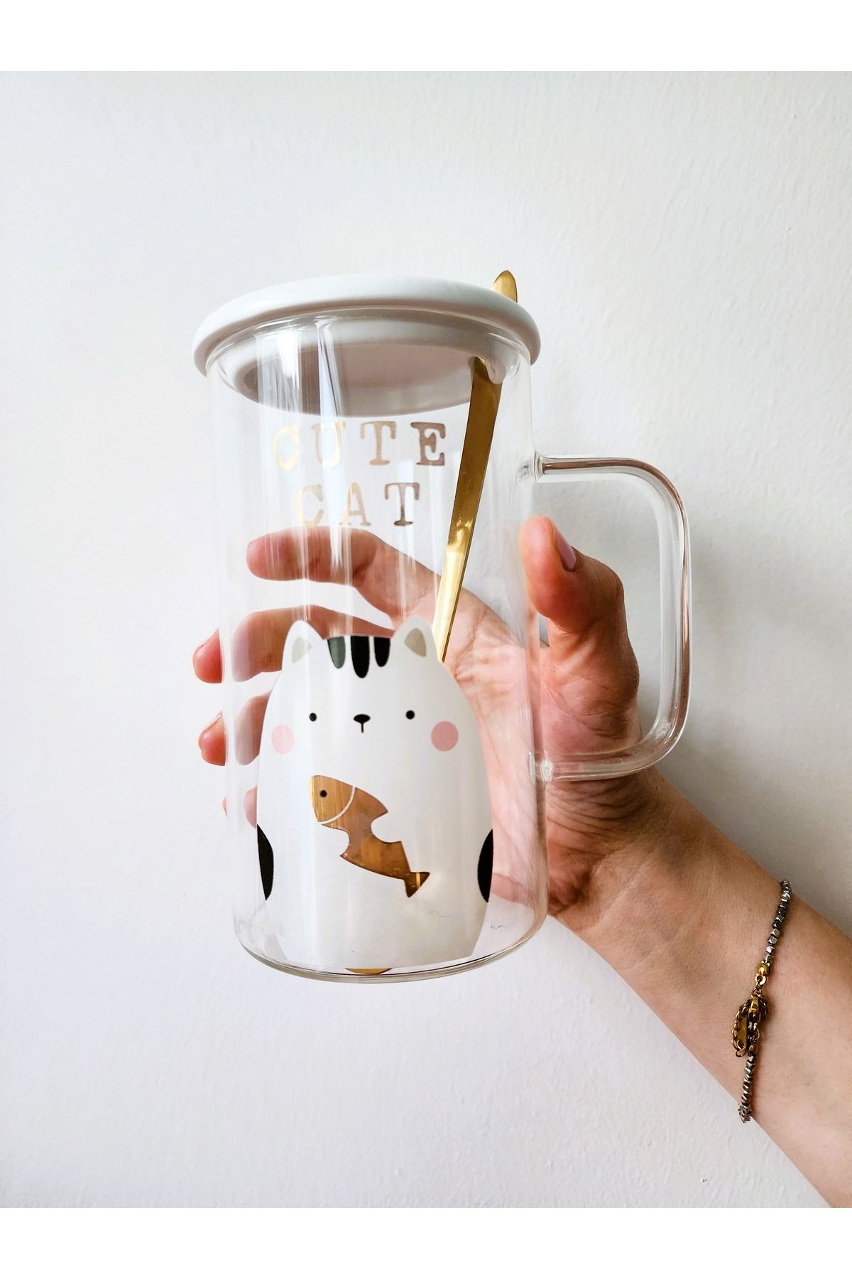 LAMONETA Cute Animals Cam Bardak Ayı - Tavşan - Kedi Gold Kaşıklı Cam Kupa Yüksek Sıcaklığa Dayanıklı