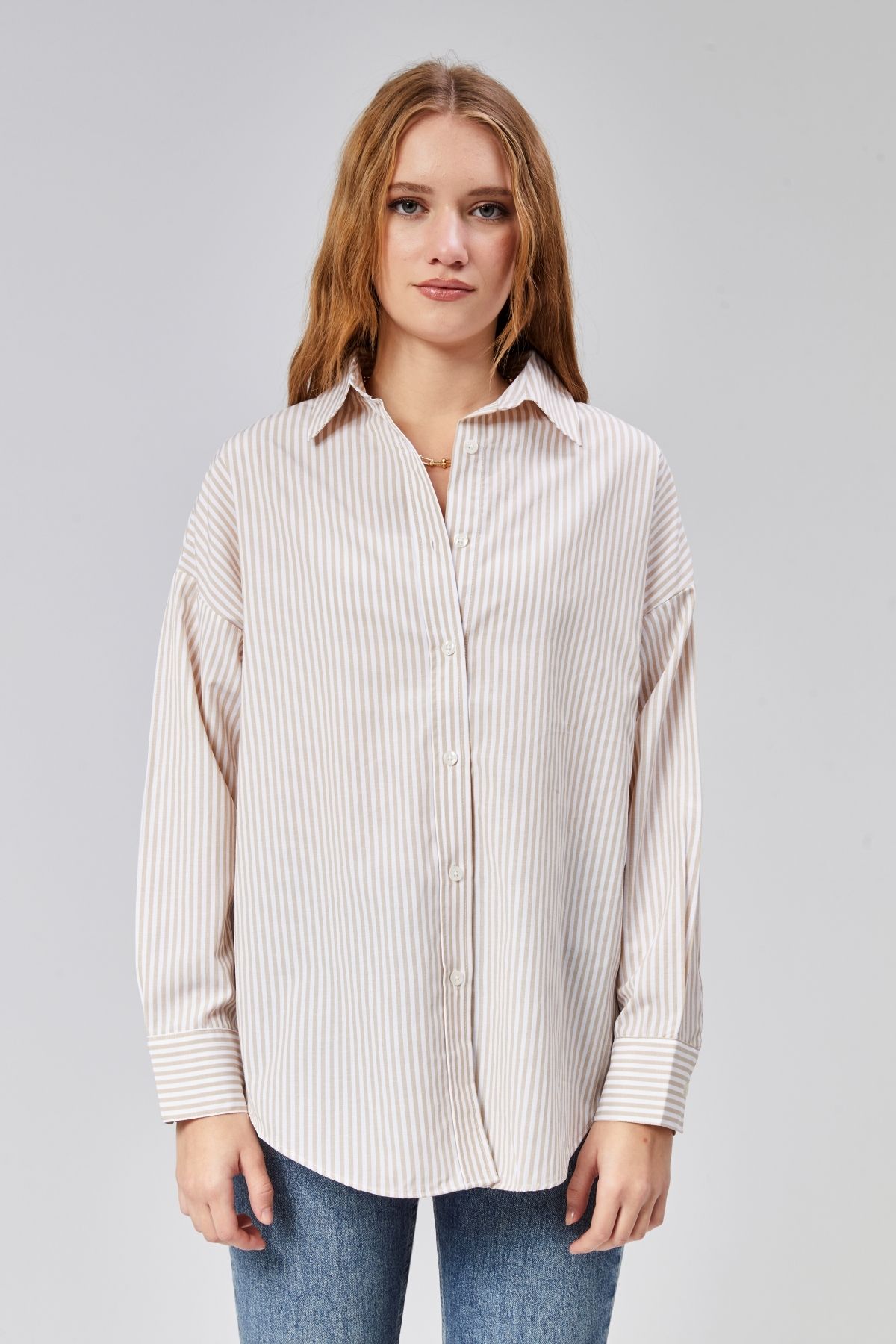 TF The Fancy For You Kadın Oversize Uzun Kollu Pamuklu Çizgili Gömlek