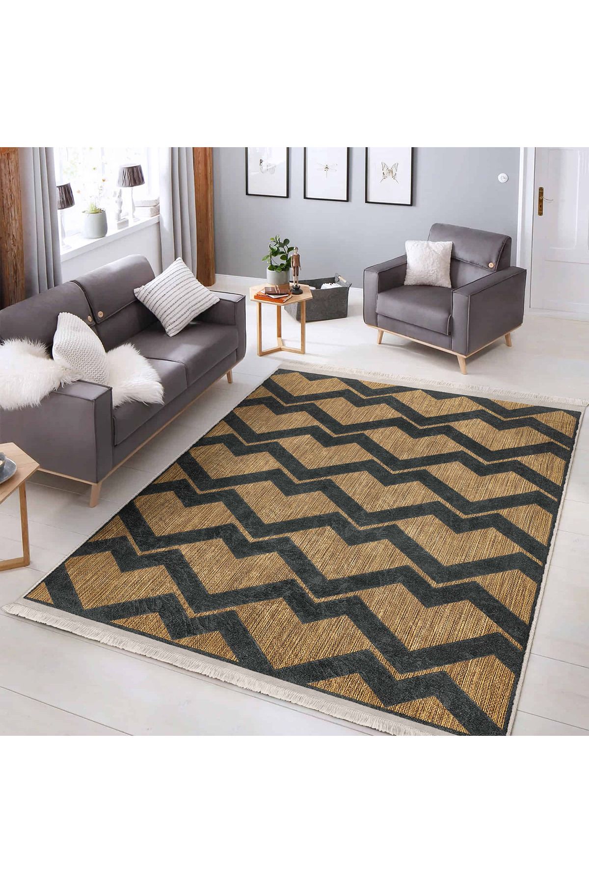 Realhomes Zigzag Desenli Modern Yıkanabilir Kaymaz Taban Salondaki Dikdörtgen Halı
