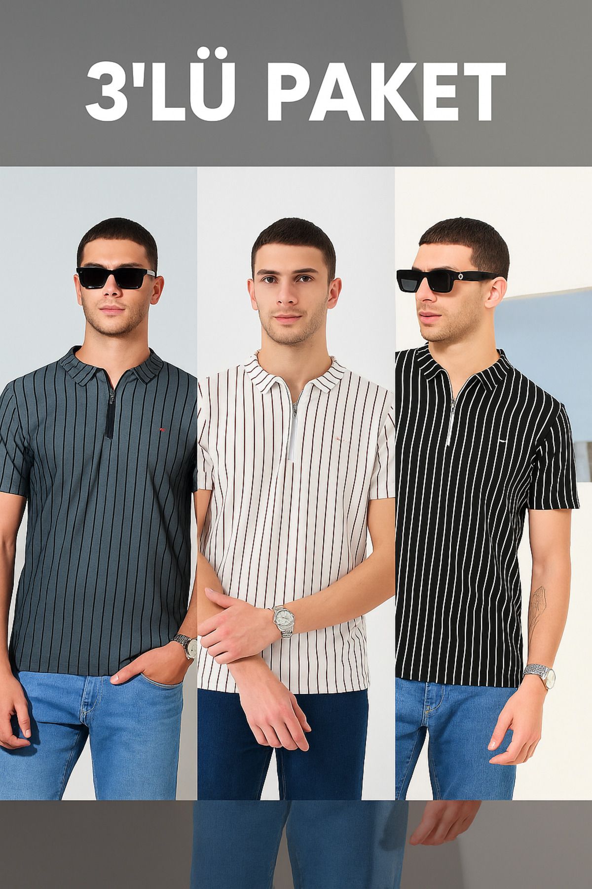 DAMGA JEANS Erkek 3'Lü Çizgili Fermuarlı Polo Yaka Tişört
