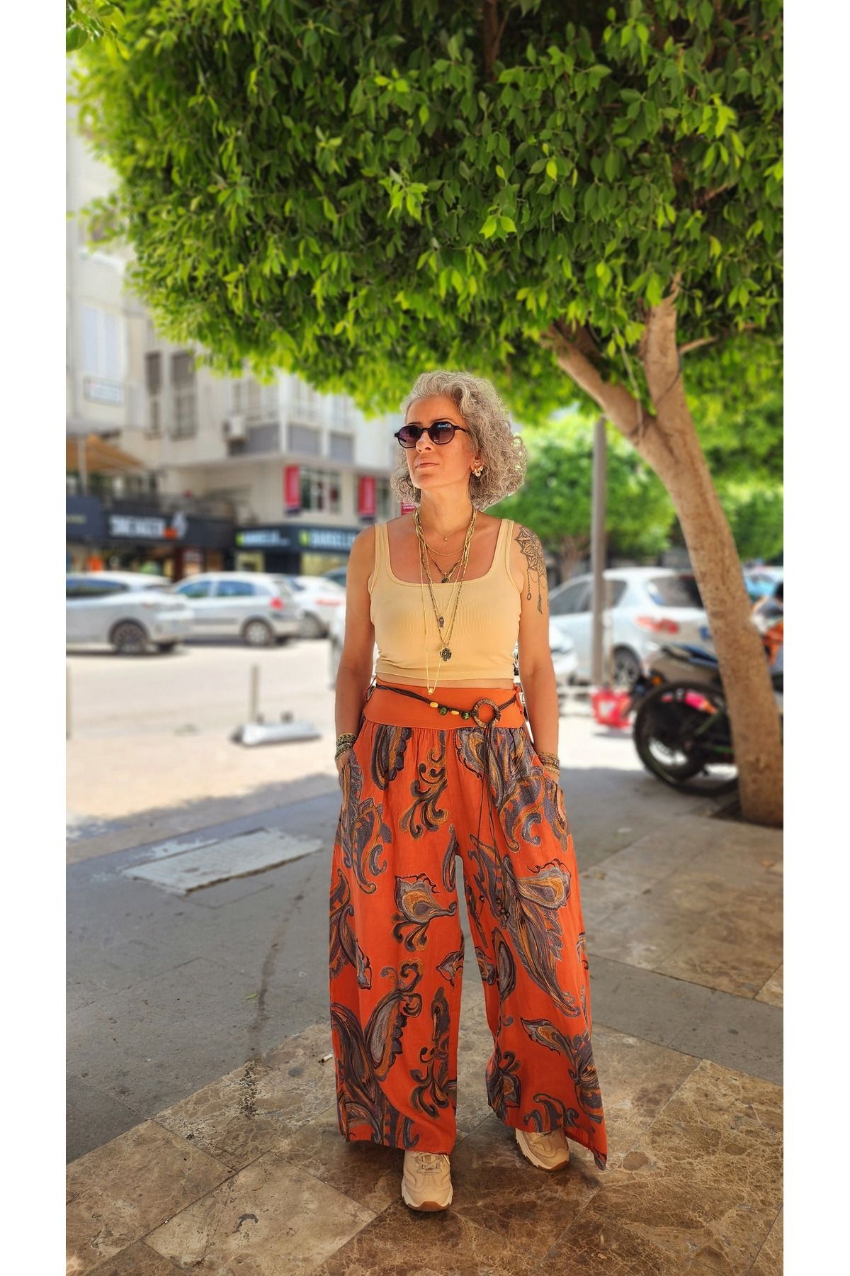 İzmirli Boutique Şal Desenli Keten Pantolon
