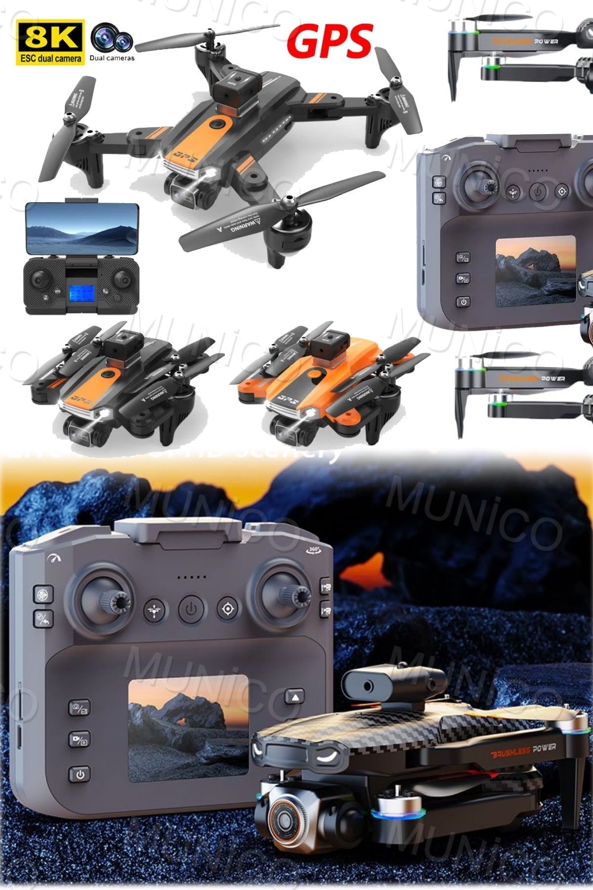 Munico DJE Drone Profesyonel HD Çift Kamera Ekran Kontrollü Fırçasız Engellerden Kaçınma Optik Akış 8K