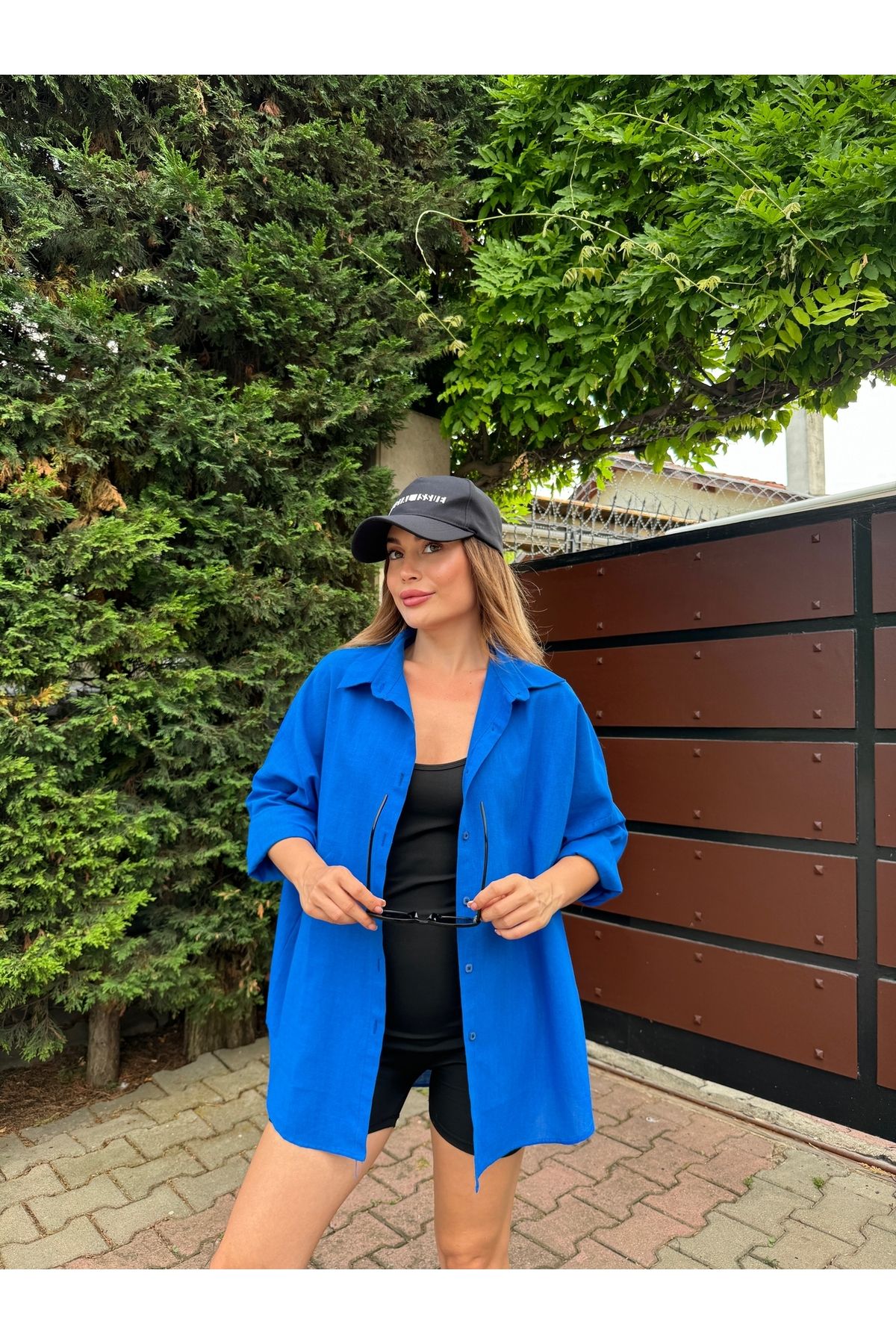 HW Hills Woman Kadın Mavi Renk tek cepli %100 keten oversize gömlek