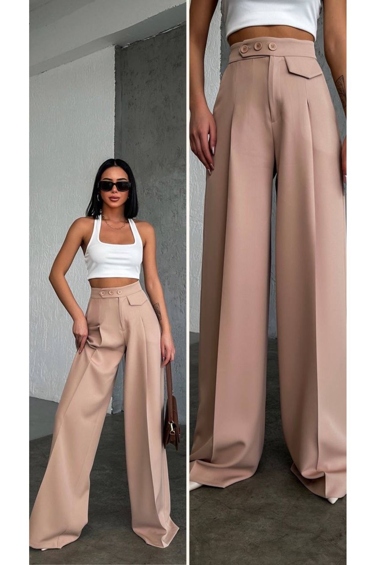 moda paketi Palazzo Pantolon Üç Düğme DetaylI