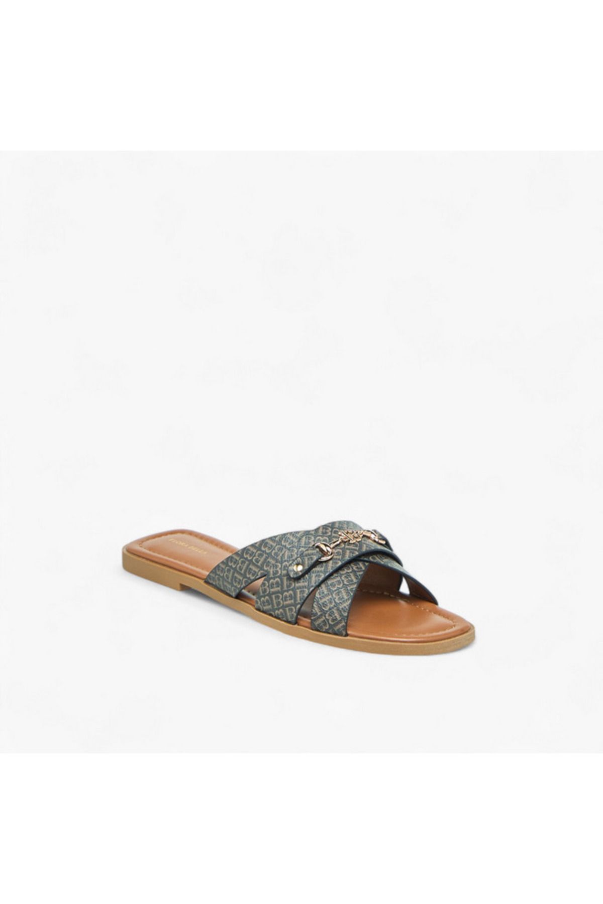 Flora Bella by Shoexpress-Flora Bella Monogram Print Slip-On Flat Sandals with Metal Accent 2