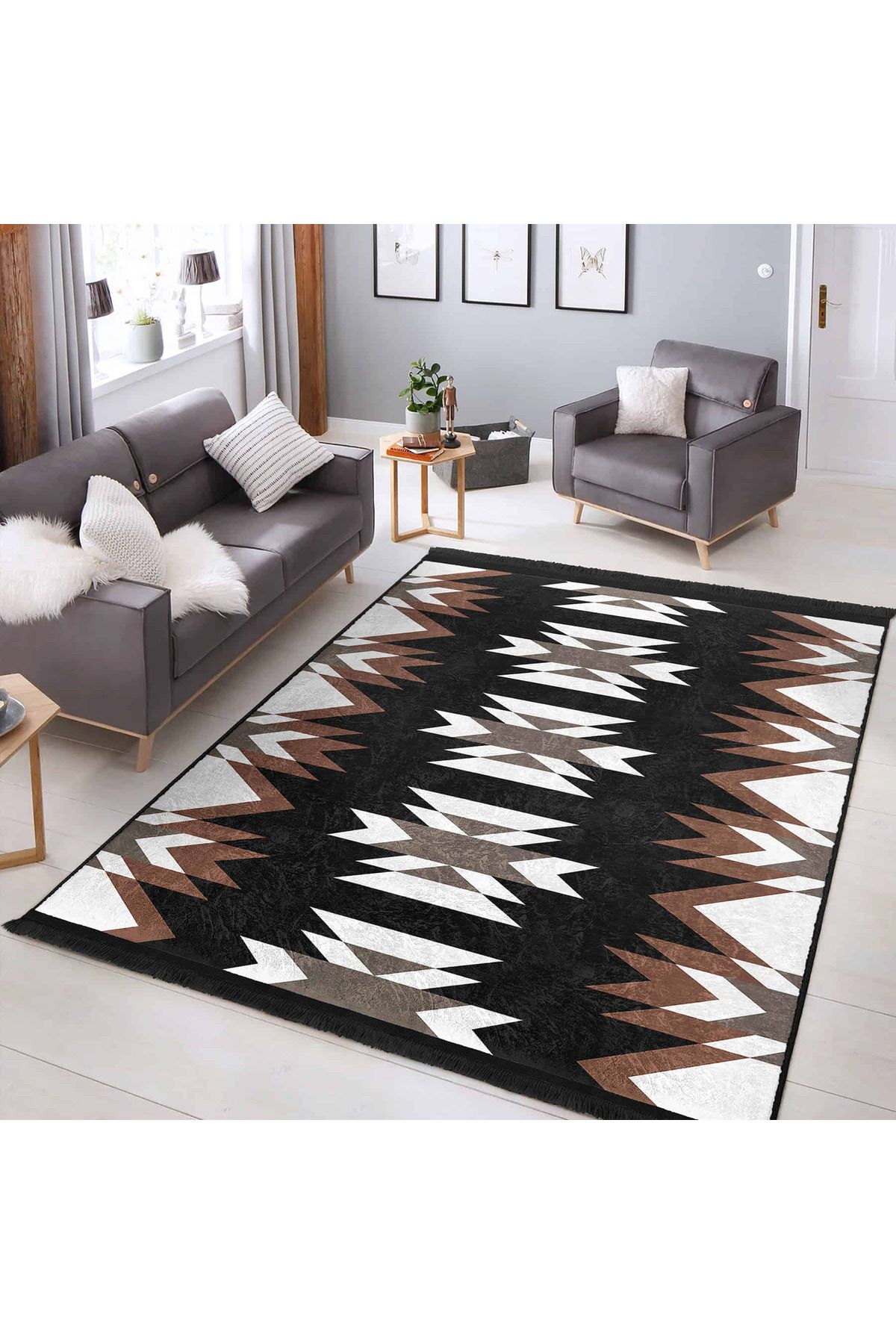 Realhomes Geometrik Desenli Modern Yıkanabilir Kaymaz Taban Dikdörtgen Mutfak Halısı