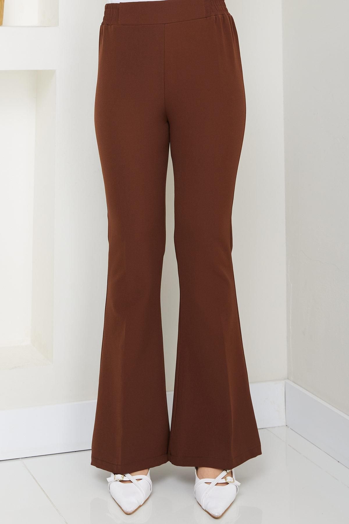 hafsamina Beli Lastikli İspanyol Paça Kumaş Pantolon Kahverengi HM2781