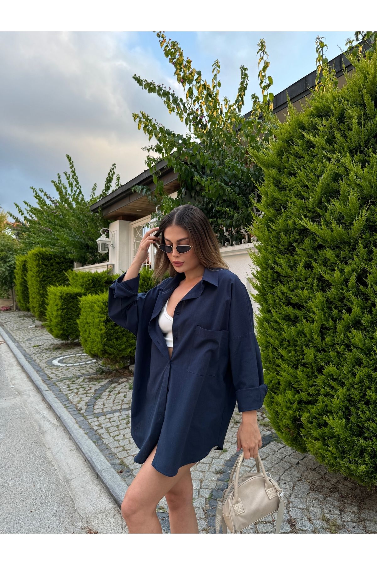 HW Hills Woman Kadın Lacivert Renk tek cepli %100 keten oversize gömlek