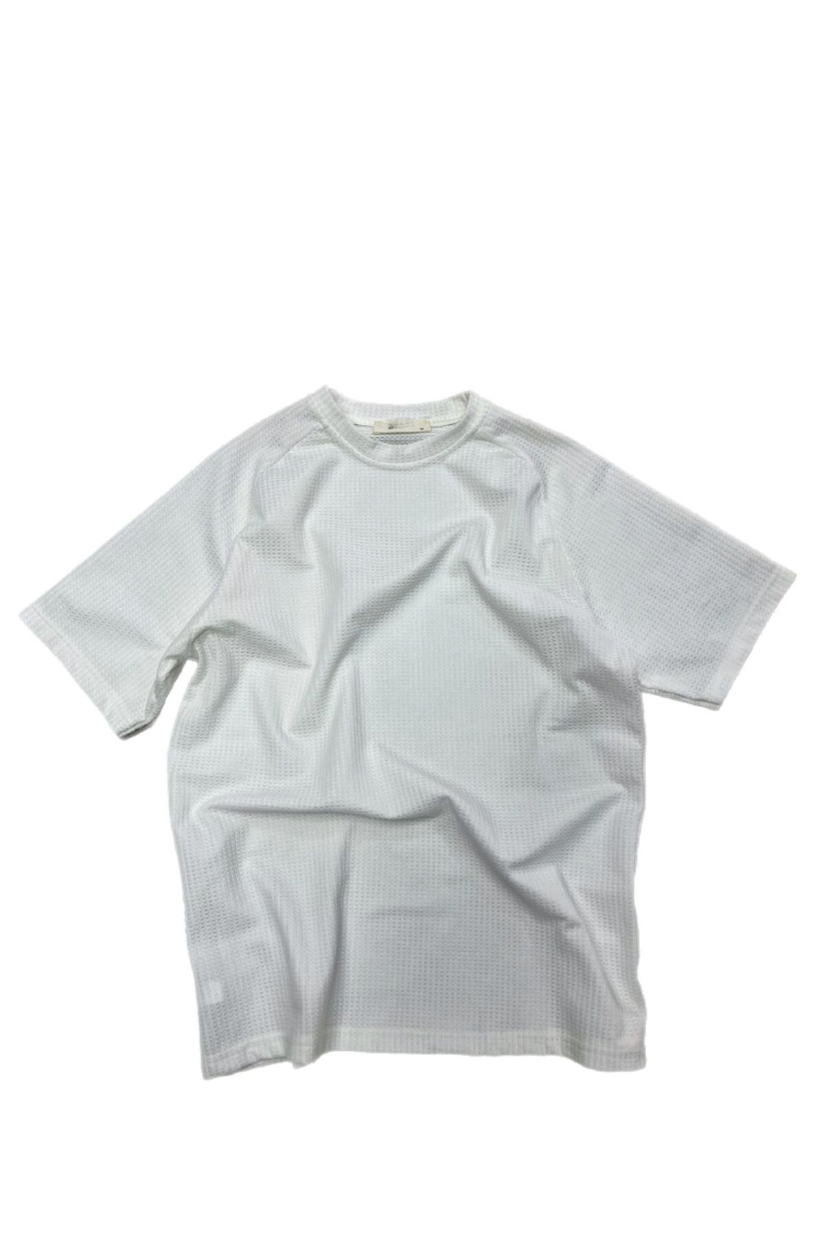 BY FAS MAN Erkek Beyaz Petek Dokulu Oversize T-Shirt