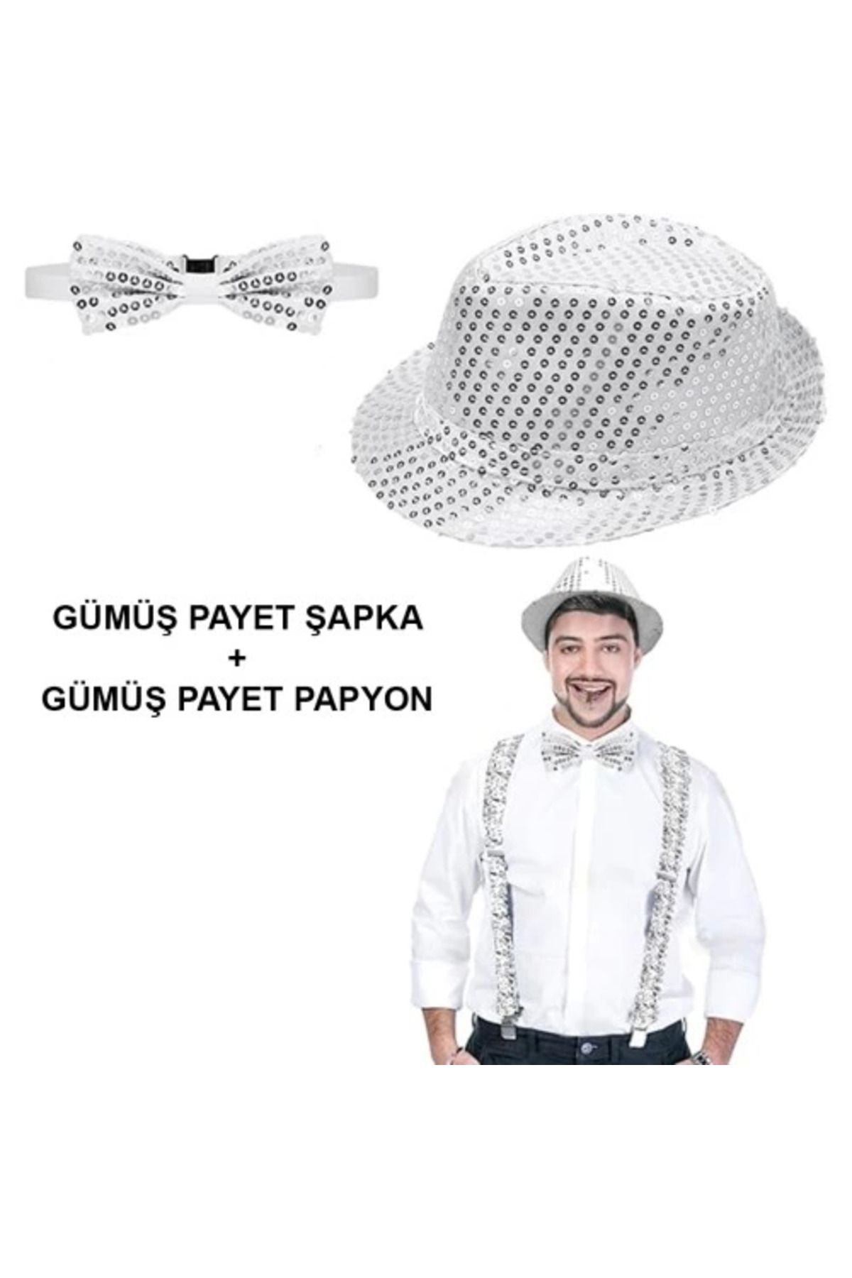 Modafiks Gümüş Payetli Şapka ve Papyon Seti – Parıltılı Yetişkin Kostüm Seti