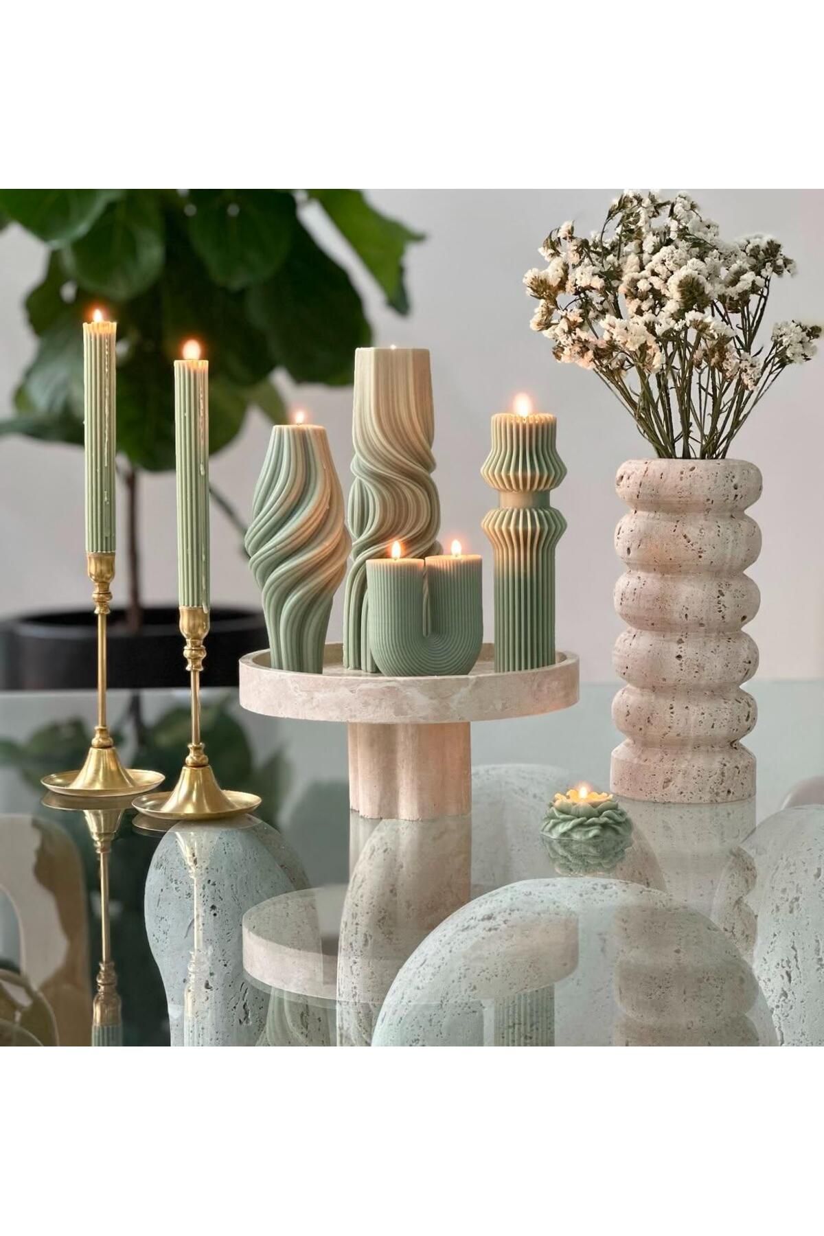 SCA CANDLE Dekoratif Mum Dalga+Vazo+U model +ikili Yuvarlak +Çizgili Şamdan Mum Toplam 6 parça