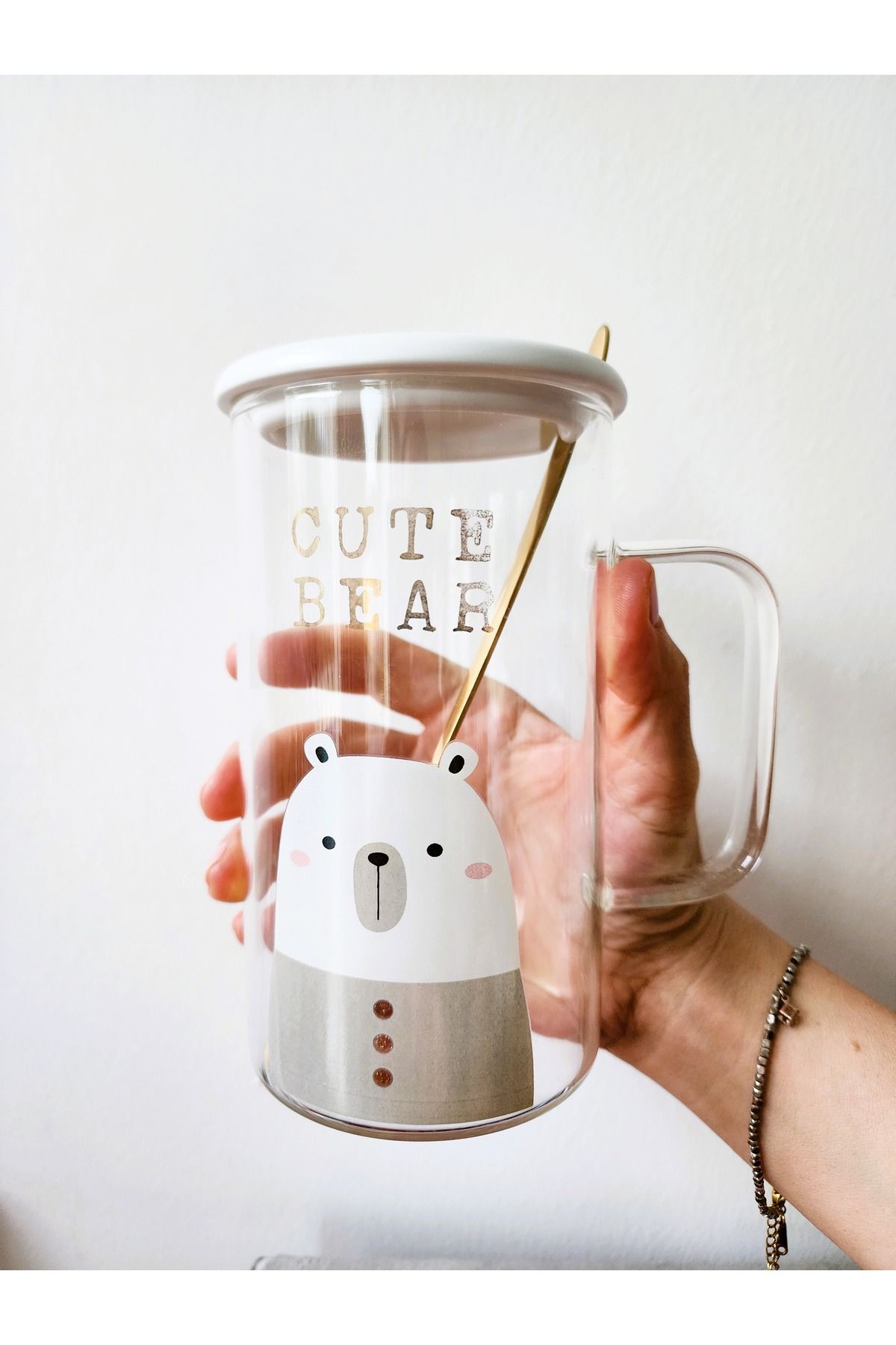 LAMONETA Cute Animals Cam Bardak Ayı - Tavşan - Kedi Gold Kaşıklı Cam Kupa Yüksek Sıcaklığa Dayanıklı