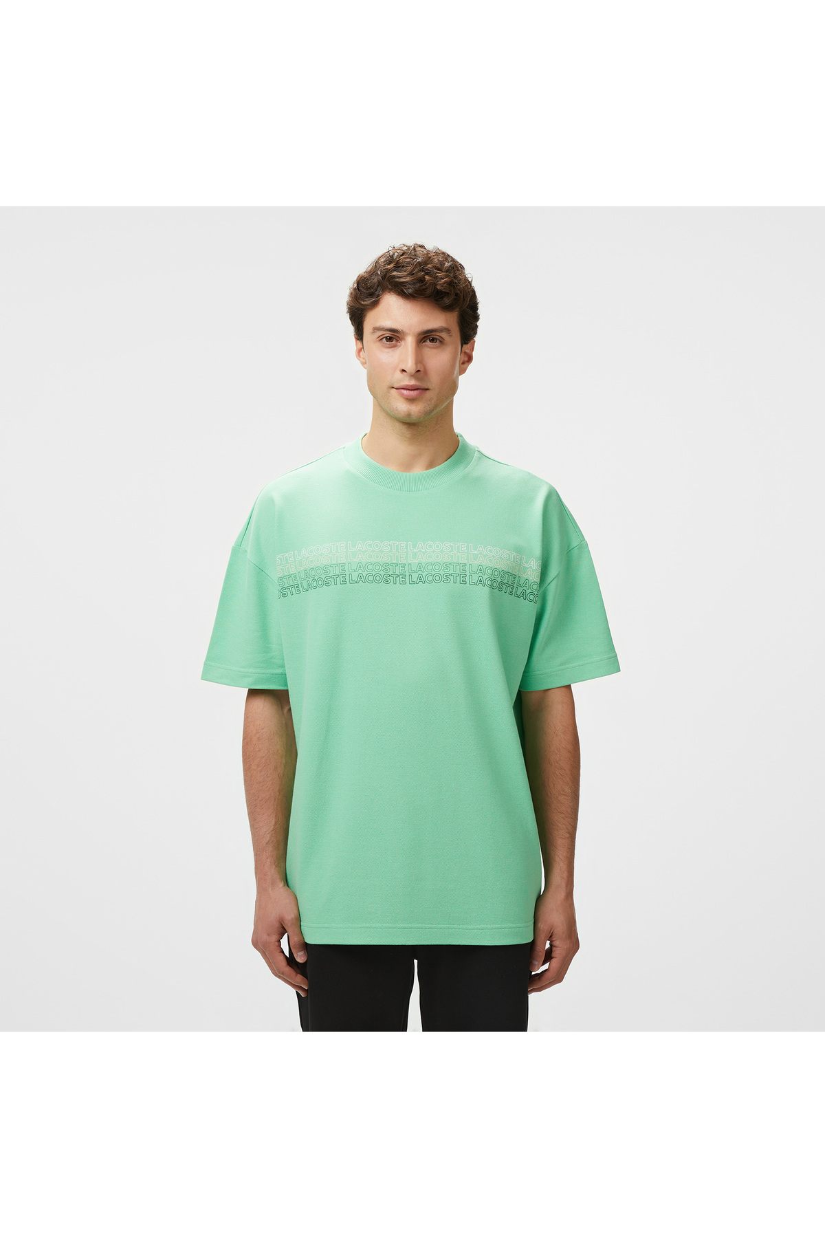 Erkek Oversize Fit Bisiklet Yaka Baskılı Açık Yeşil T-shirt