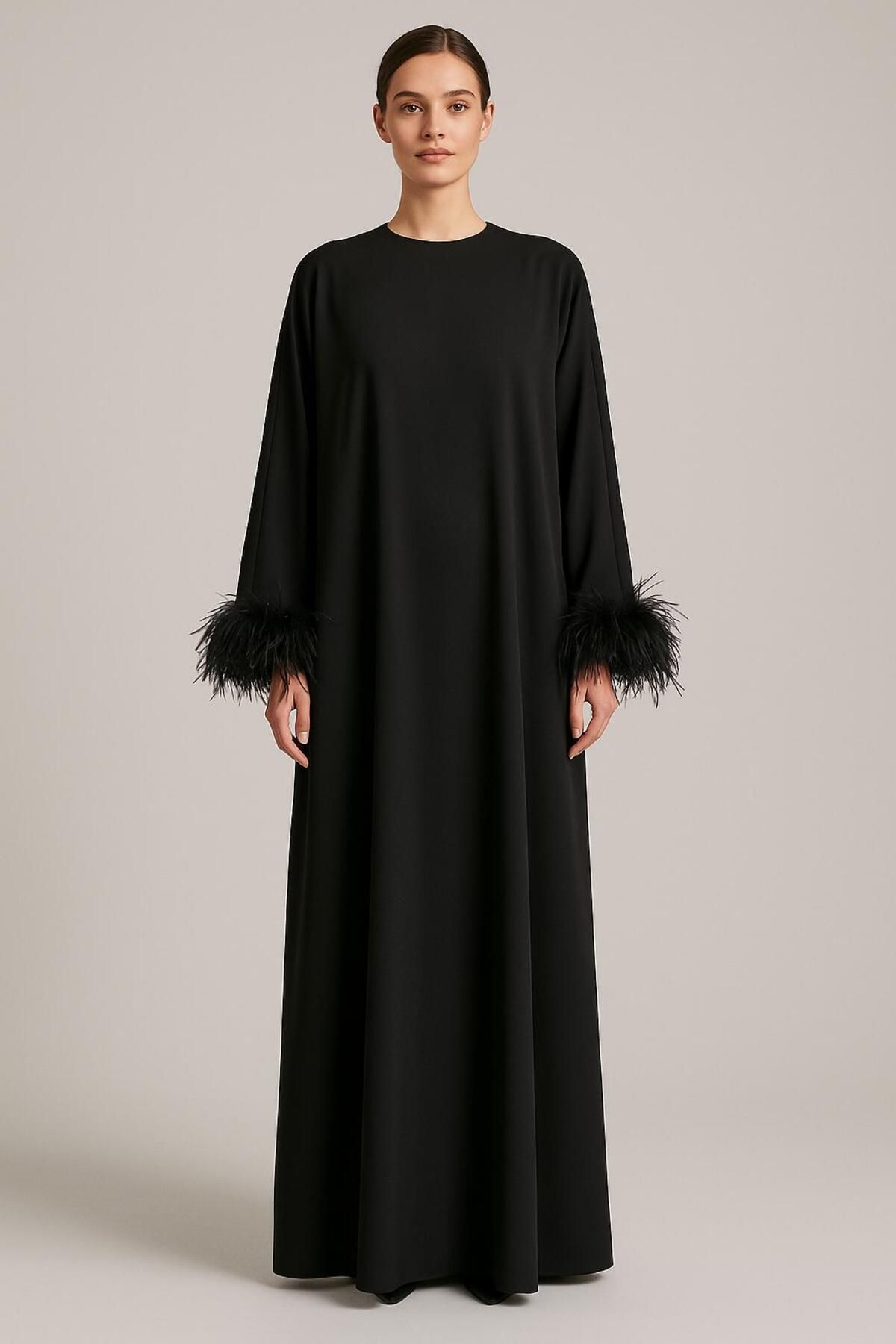 UNTIMELY Kol Ağzı Otriş Detaylı Krep Saten Maxi Siyah Oversize Abaya Elbise