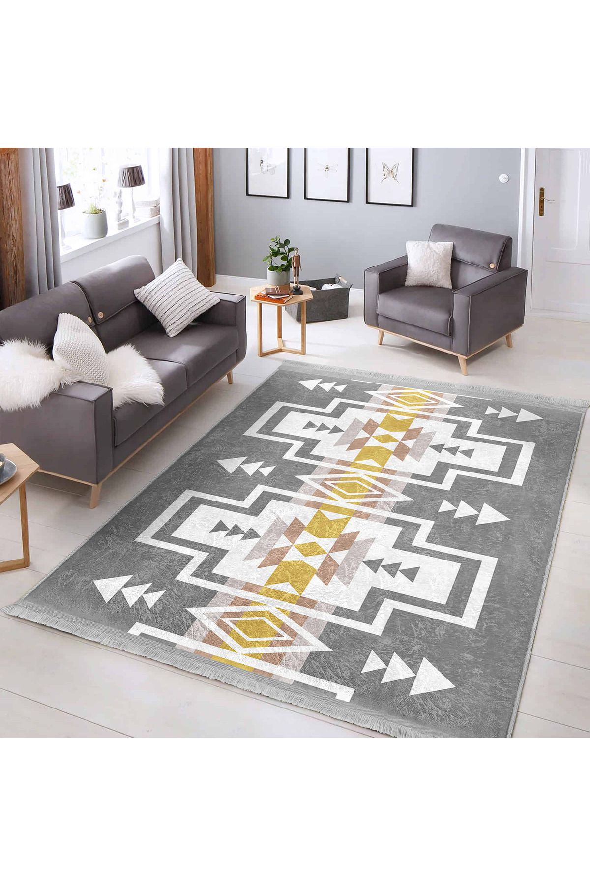 Realhomes Geometrik Desenli Modern Yıkanabilir Kaymaz Taban Mutfak & Salon Halısı (Dikdörtgen)