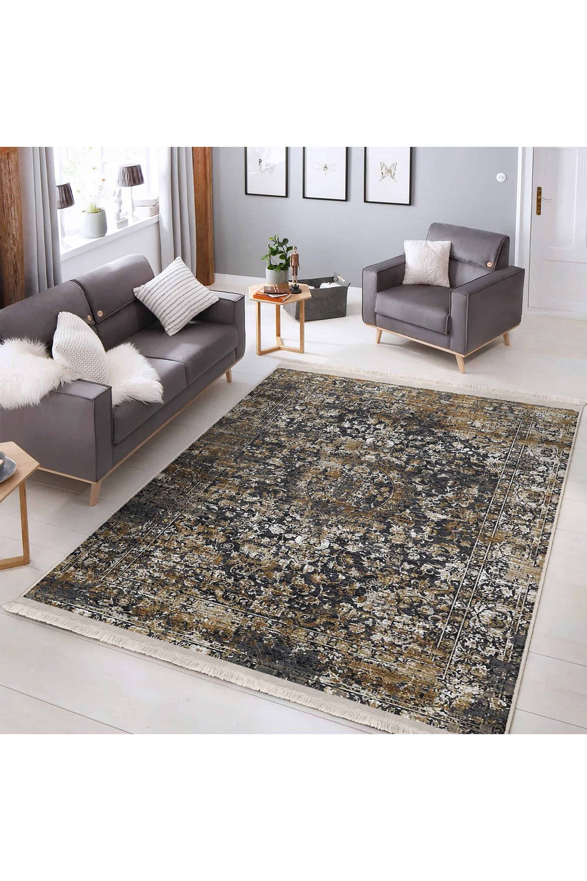 Realhomes Şık Desenli Modern Vintage Geometrik Salon & Mutfak için Yıkanabilir Kaymaz Taban Halı