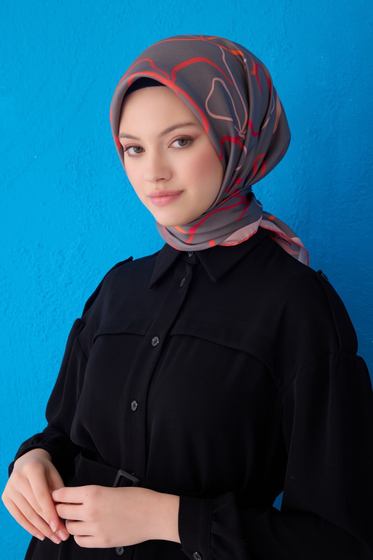 Belli Twill İpek Eşarp 4113D Çizgili Desen Füme-Çok Renkli-37