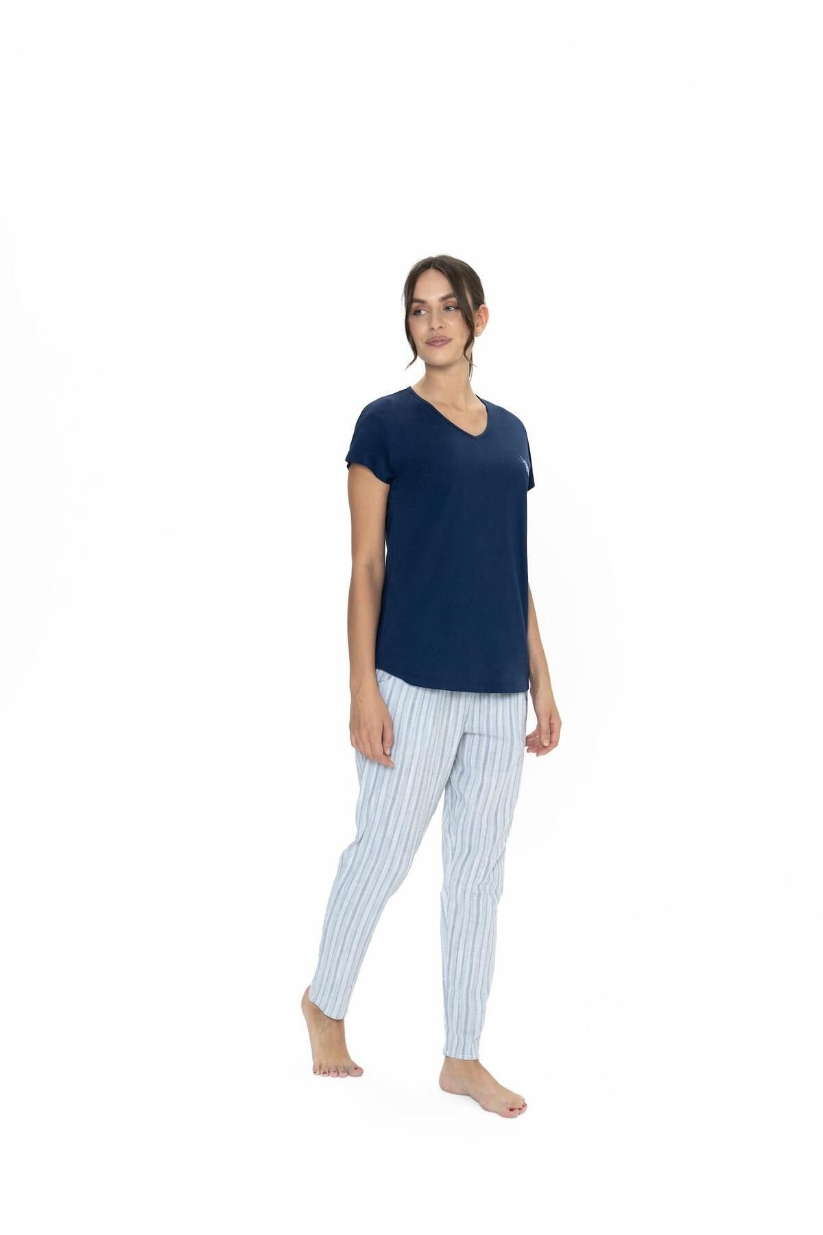 U.S. Polo Assn.-Us Polo cu decolteu în V, pantaloni scurti, set de pijamale din bumbac pieptănat pentru femei, partea de sus 100% bumbac, partea de jos 98% bumbac 2% lycra 3
