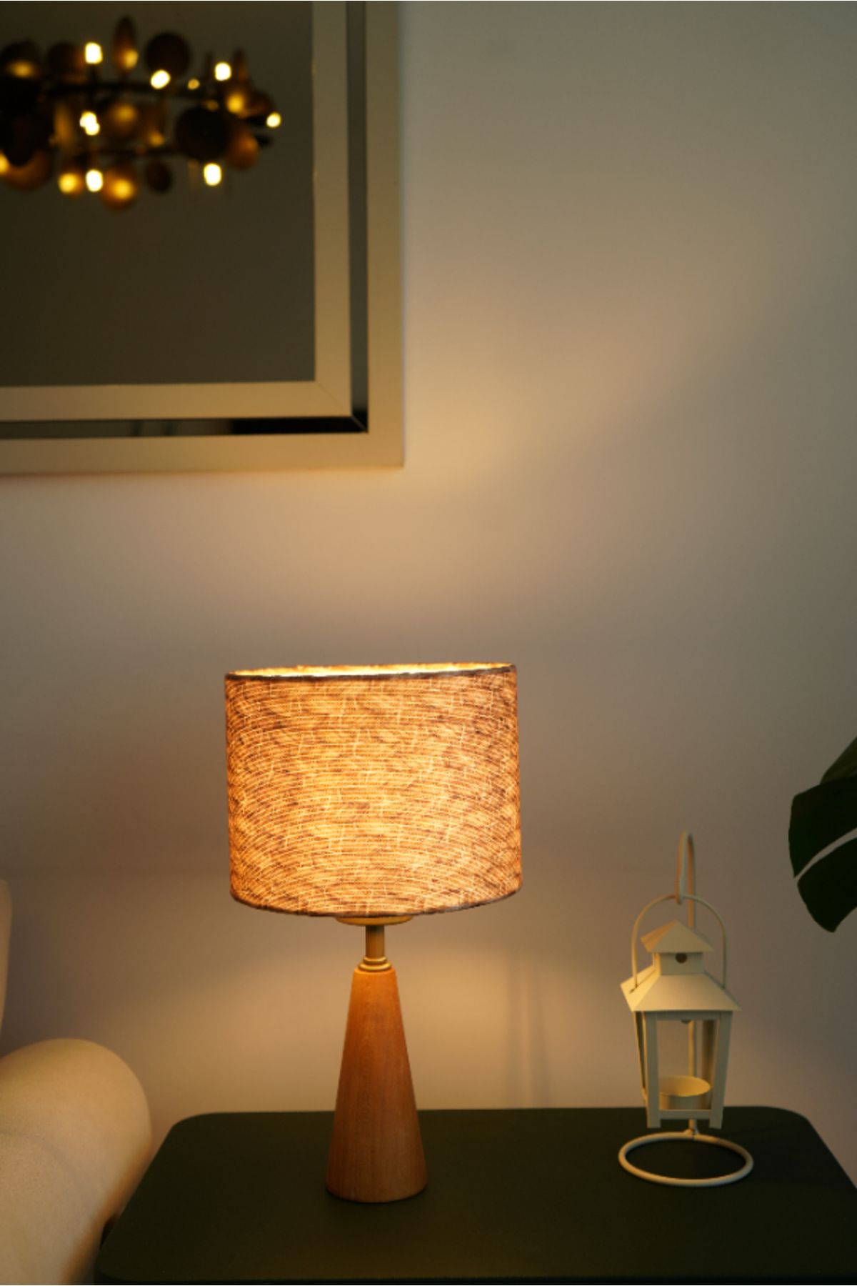 resinglight Üçgen Ahşap Kahve Ip Model Silindir Baskı Kumaş Şapka Şık Yatak Odası Salon Abajur