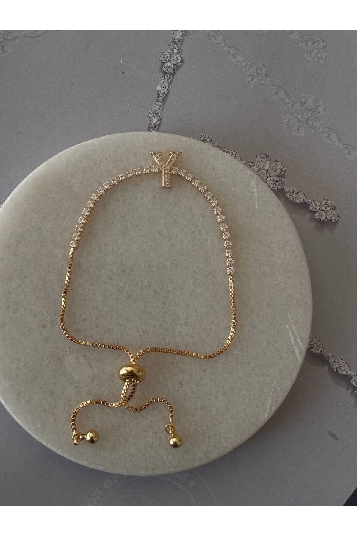 Esmeray Aksesuar Gold Renk Zirkon Taşlı Rodyum Kaplama ( Y ) Harfli Su Yolu Asansör Bileklik