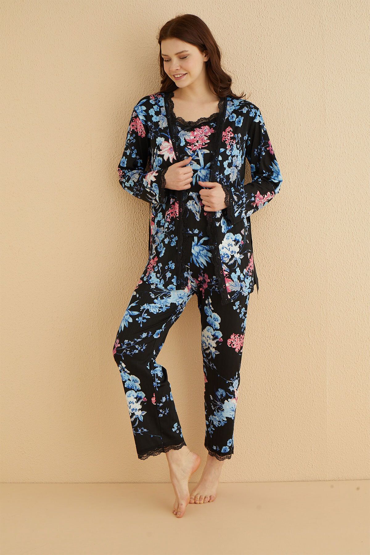 teknotrust Mavi 3'lü Kadın Pijama Takımı İp Askılı Güpür Detaylı