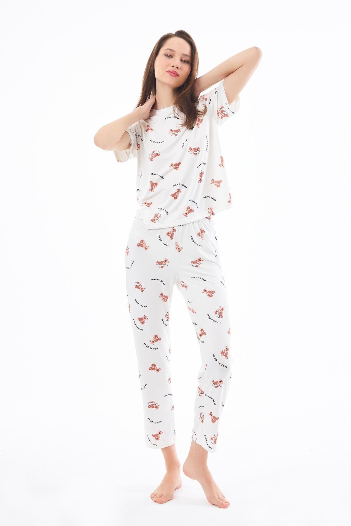 Cottonhill Premium Kadın Pijama Takımı Ayıcık Desenli Yumuşak Dokulu Kısa Kollu Bisiklet Yaka