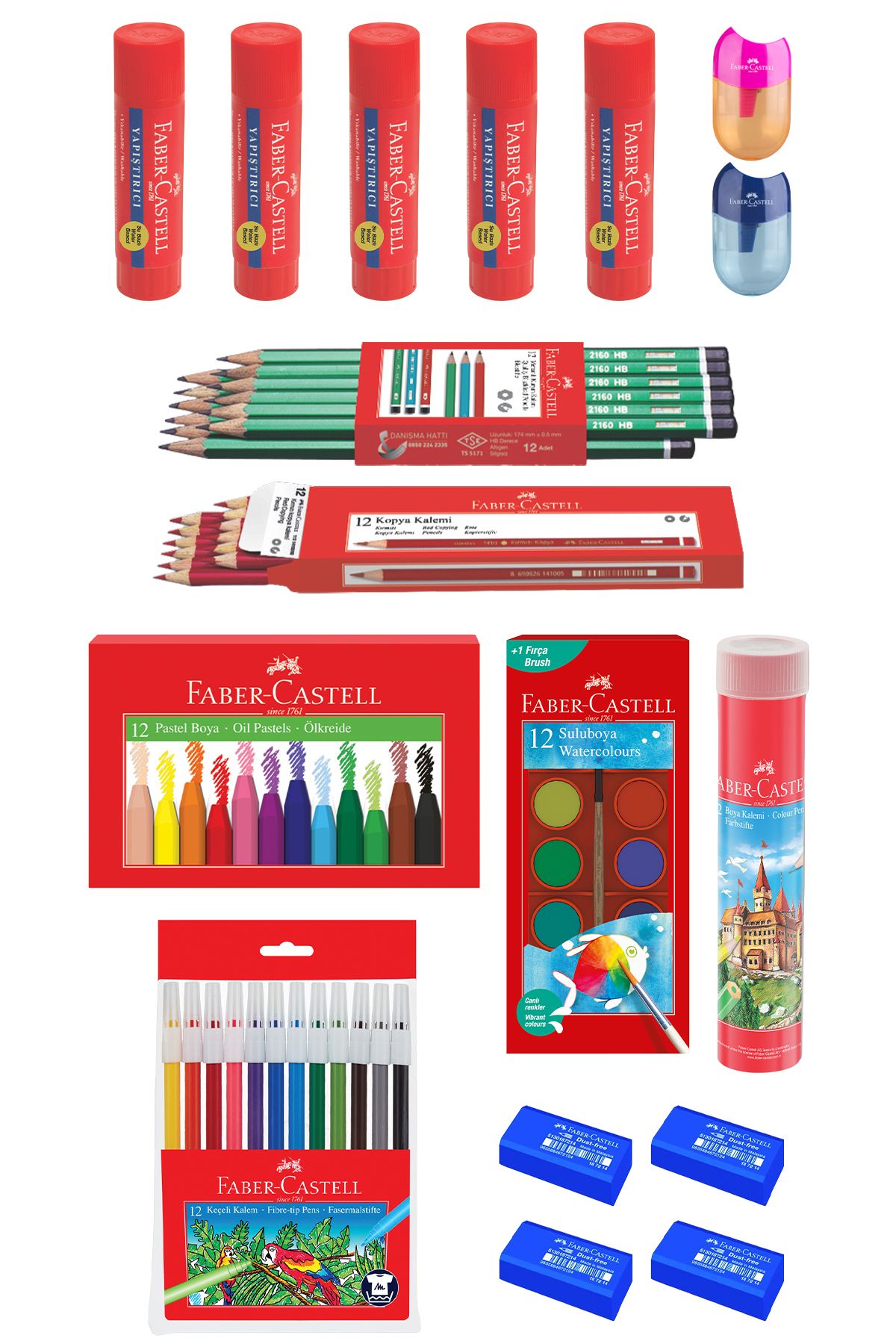 Faber Castell 15 Parça Okul Öğrenci Seti,Boyama Seti,Yazı Seti,Stick Yapıştırıcı,Silgi,Kalemtıraş Donanımlı Set