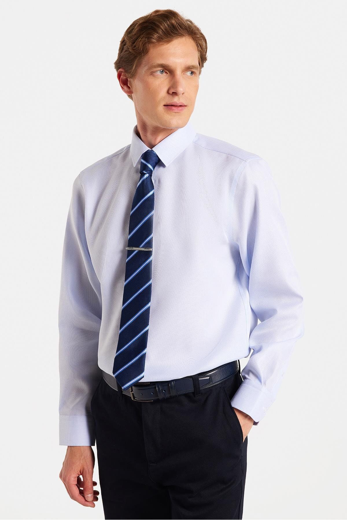 Tudors Slim Fit Mavi Non-Iron %100 Pamuk Doğa Dostu Ekoteks Belgeli Ütü Gerektirmez Gömlek