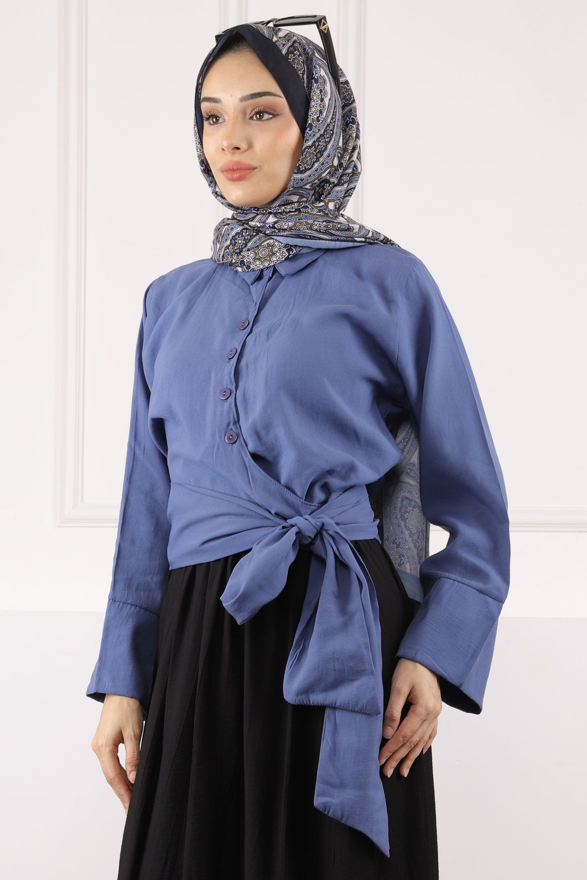 İmajButik İndigo Bel Bağlamalı Modal Gömlek