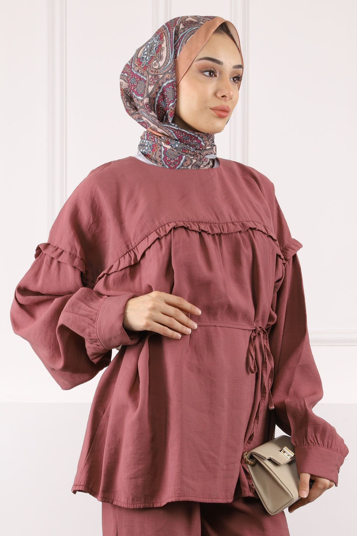 İmajButik-Dusty Rose Drawstring Waist Tunic Pants Modal Suit 4