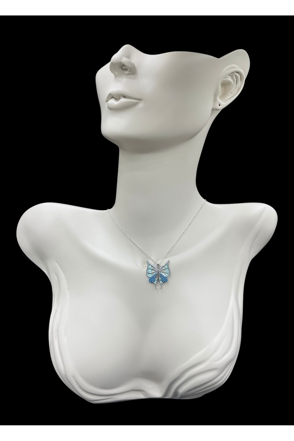 nefjewelrydesign 925 Ayar Gümüş 44cm Zincirli Turkuaz Zirkon Taşlı Kelebek Kolye