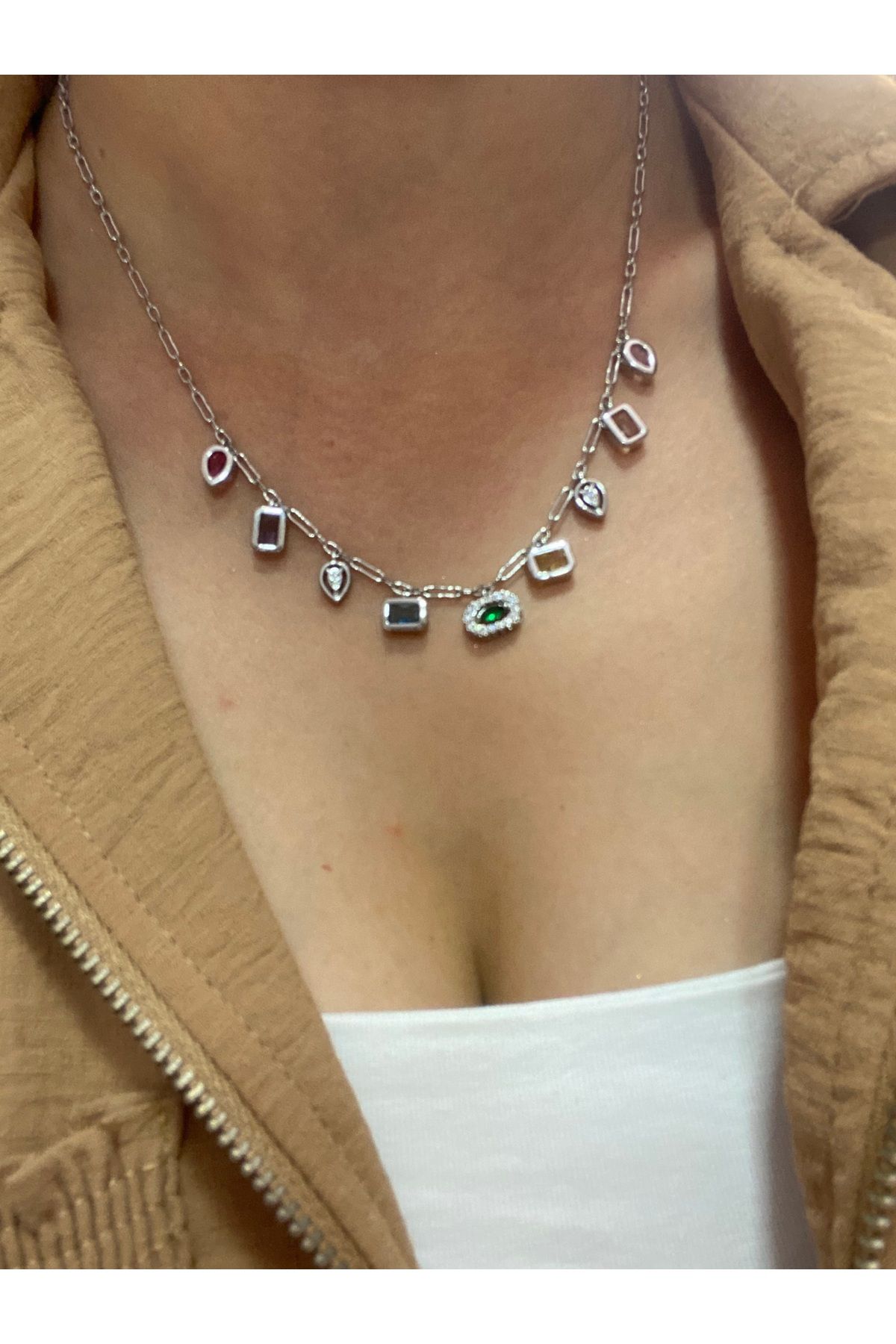 Byoz store Gümüş renk geometrik renkli taşlı çelik kolye premium vip seri kolye