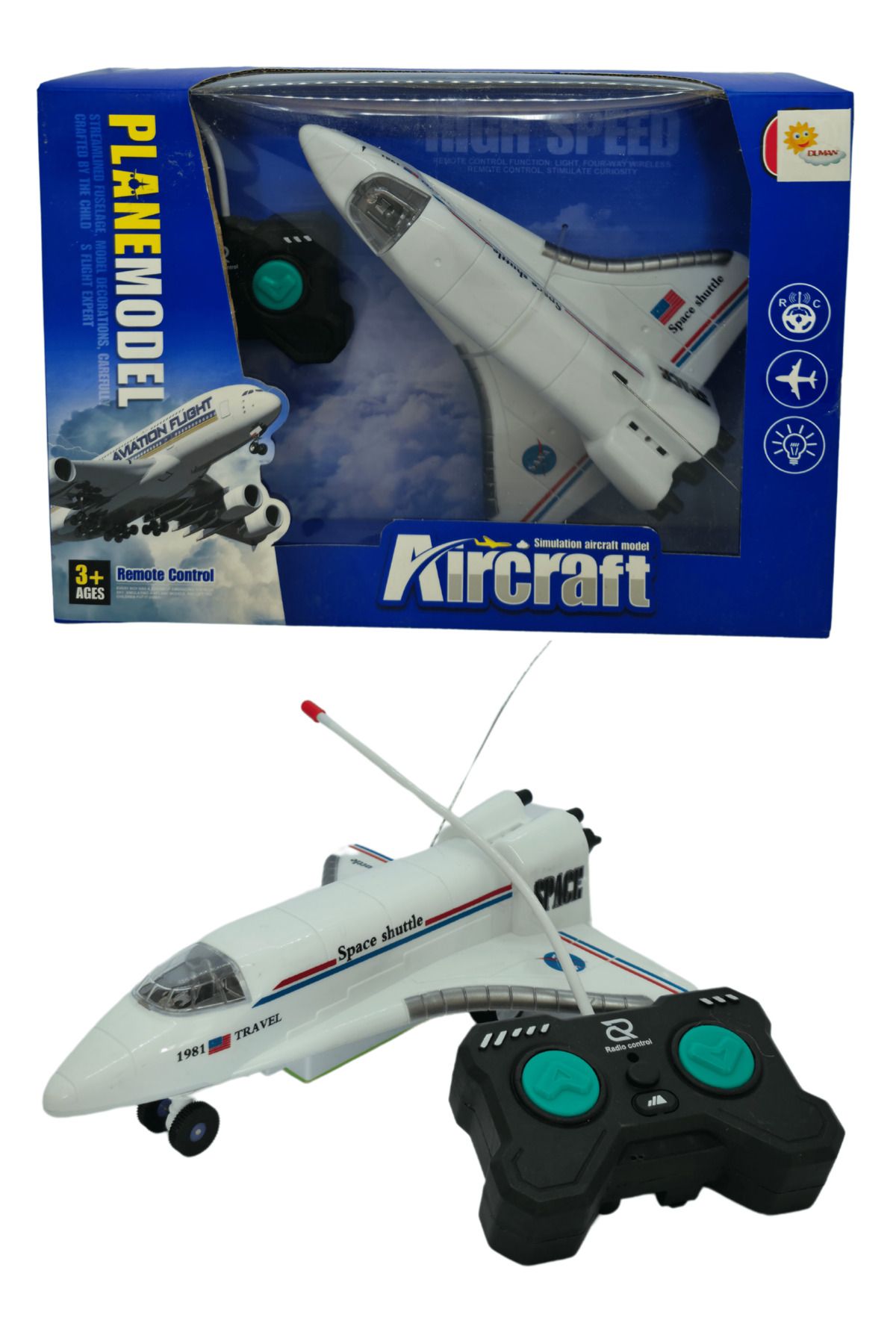 RAF Store Pilli Uzaktan Kumandalı 2 Fonksiyon (İleri-Geri) Işıklı Uzay Mekiği 21 Cm 27 Mhz