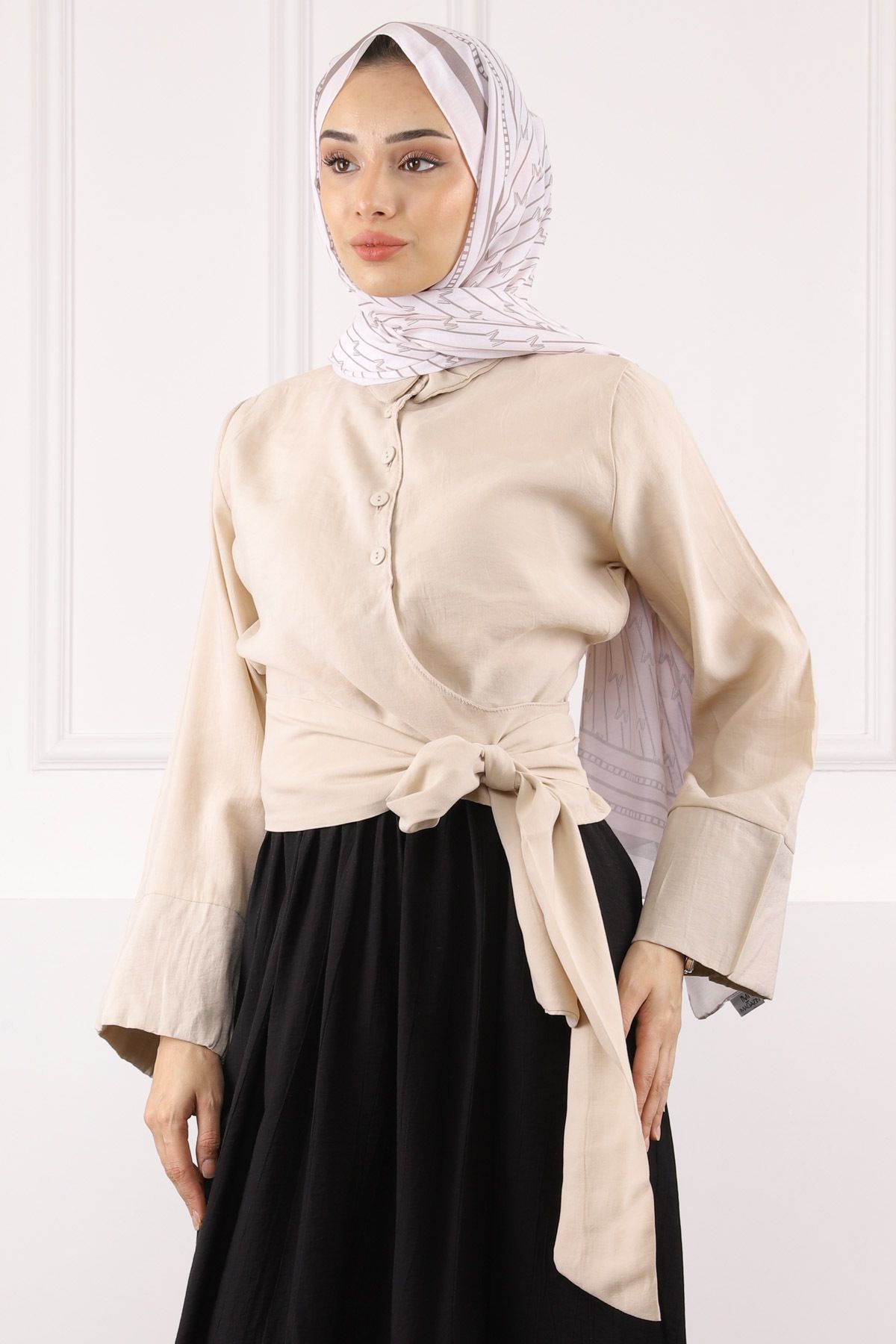 İmajButik Bej Bel Bağlamalı Modal Gömlek