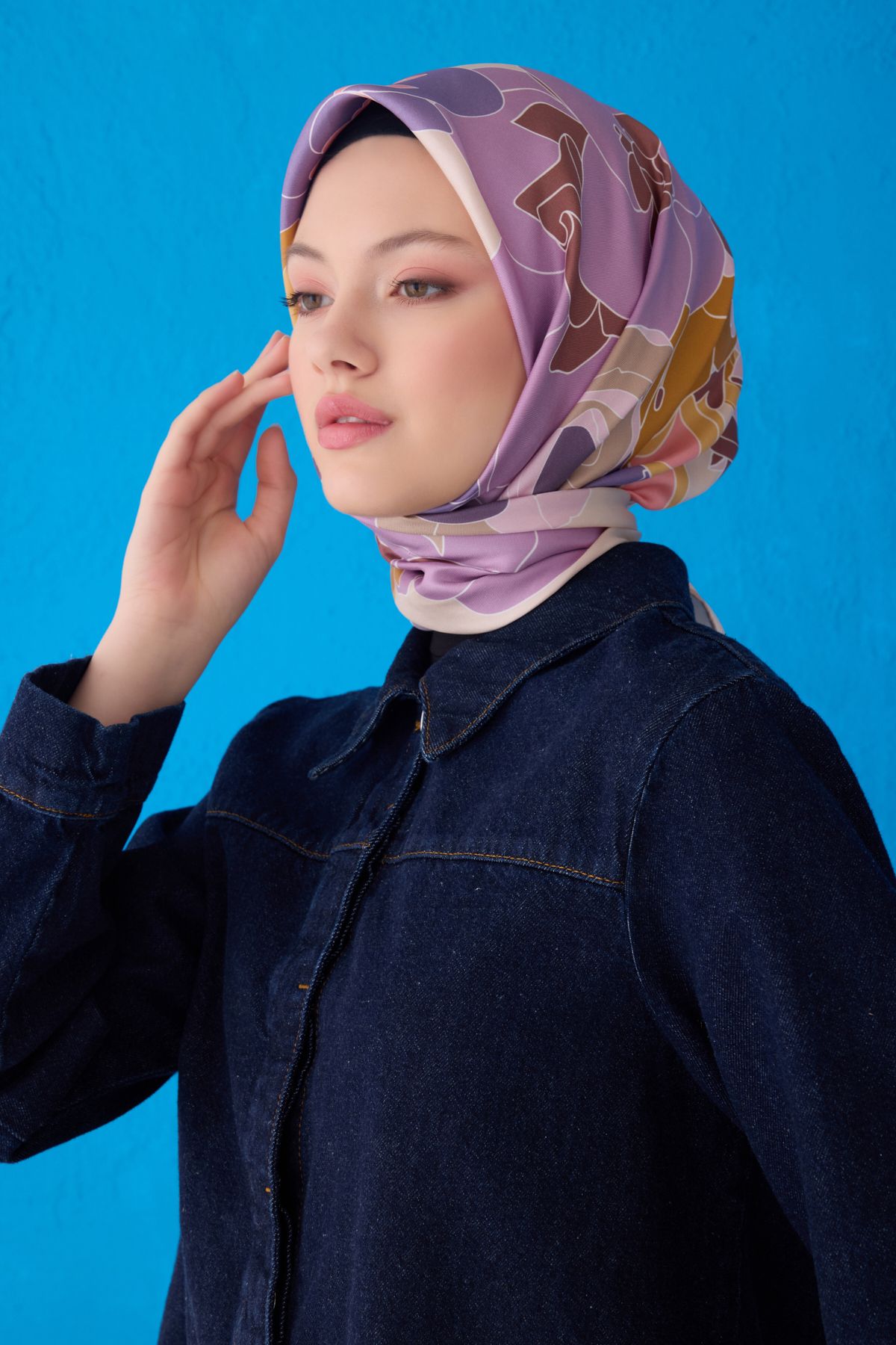 Belli Twill İpek Eşarp 4127D Çiçekli Desen Zerdeçal-Mor-34