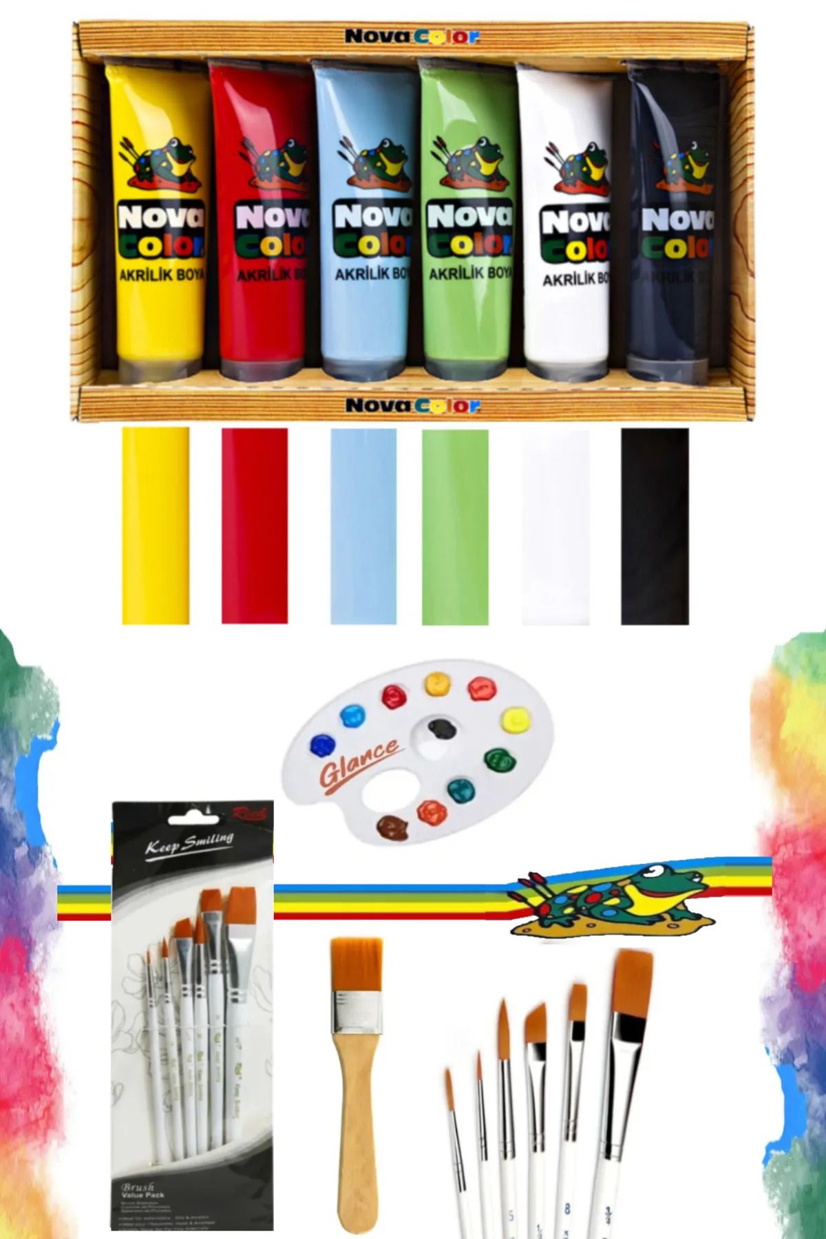 arttone Nova Color Akrilik Boya 6*75 ml Rich Keep Smile 6lı KARMA Fırça Zemin Fırça Sanat Set
