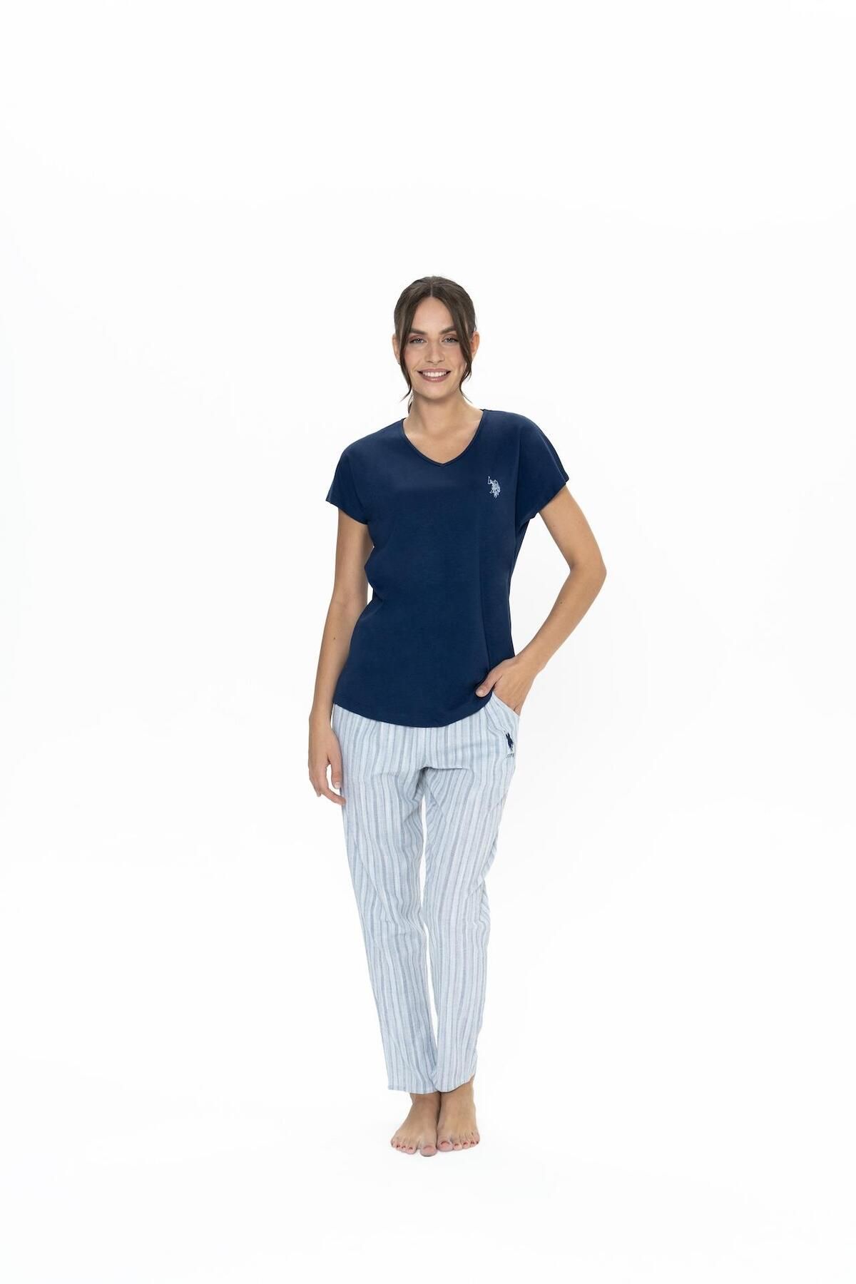 U.S. Polo Assn. Us Polo V Yaka, Kısakol, Kadın Penye Pijama Takım, Üst %100 Pamuk, Alt %98 pamuk %2 likra