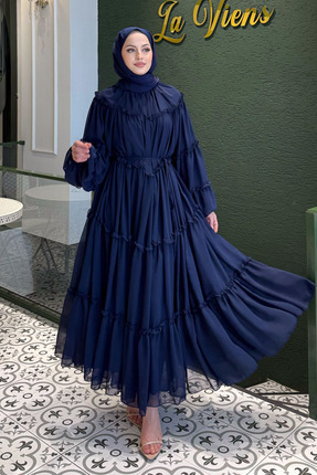 Ovn. Şifon Fırfırlı Elbise - Lacivert