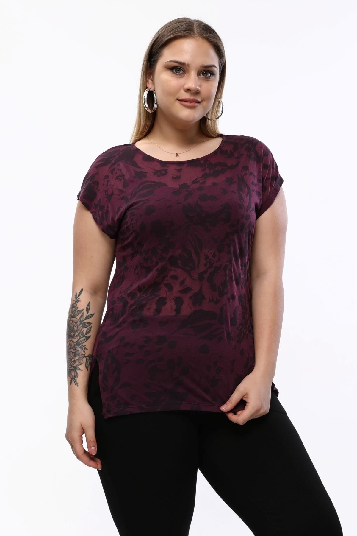 Seamoda Büyük Beden Yuvarlak Yaka Ferah Tutan Yırtmaçlı Kısa Kol Devore Kumaş Tshirt-MOR