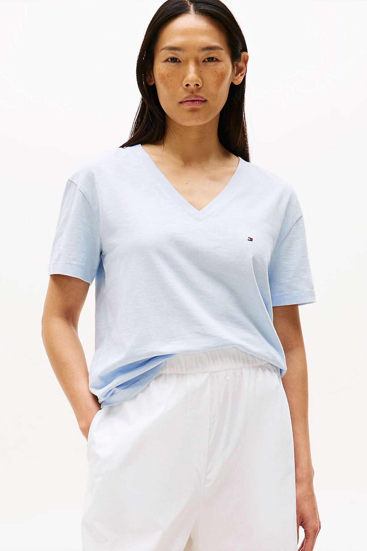 Tommy Hilfiger Kadın Slub Crop V-Yaka Kısa Kol T-Shirt - Açık Mavi