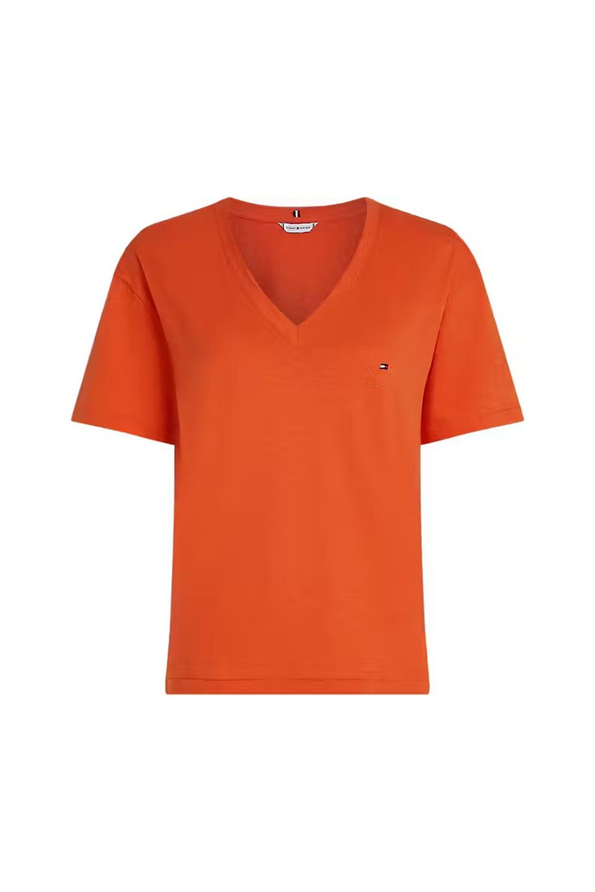 Tommy Hilfiger Kadın Slub Crop V-Neck Kısa Kollu T-Shirt - Turuncu